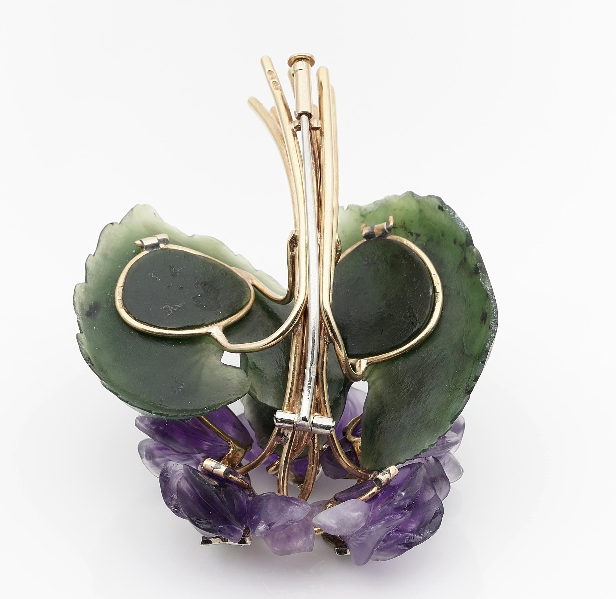Vienna Carved Amethyst Nephrite Diamond Bunch Violet Brooch Earrings Suite For Sale 3