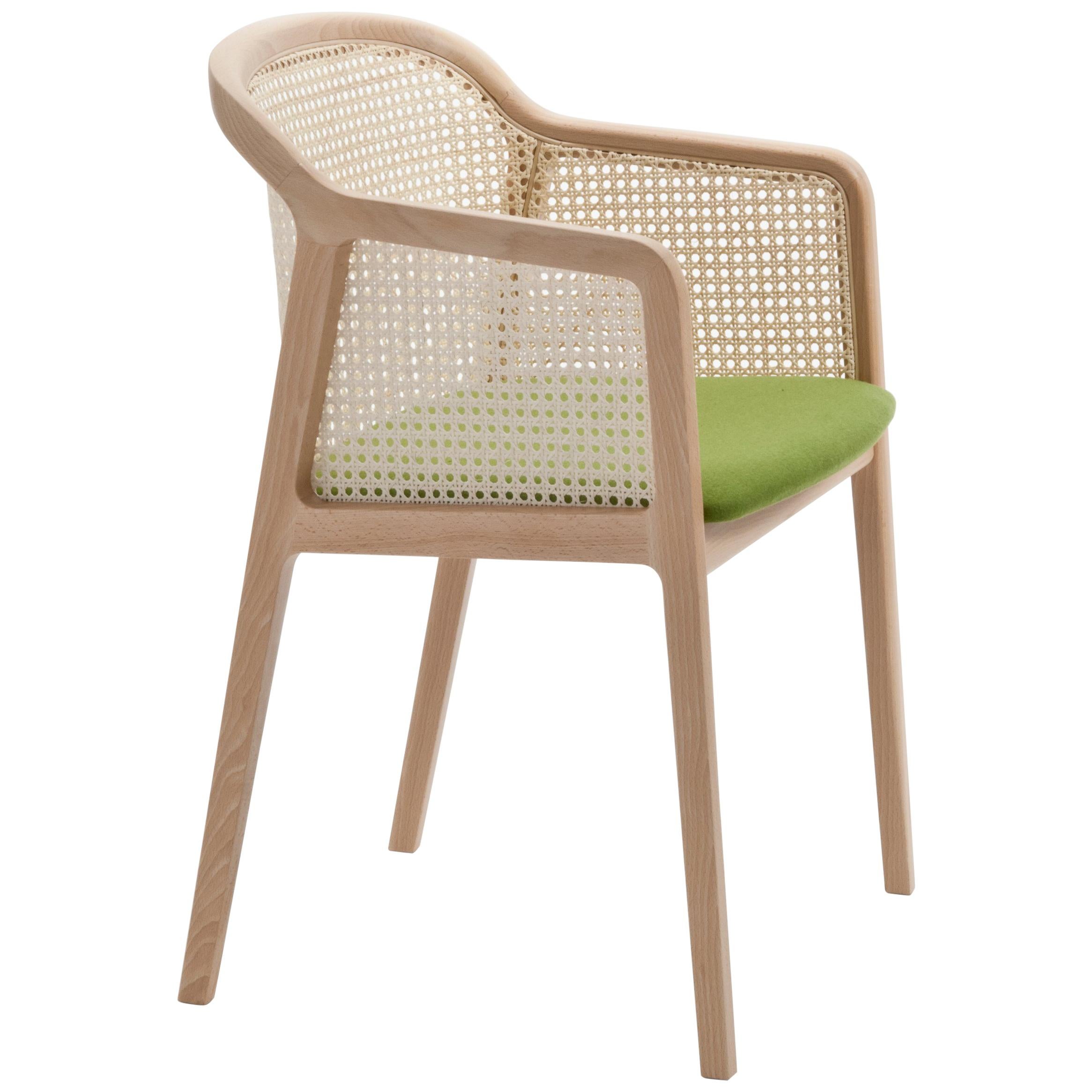 Vienna Armchair by Colé, Modern Design in Wood and Straw, Green Upholstered Seat For Sale