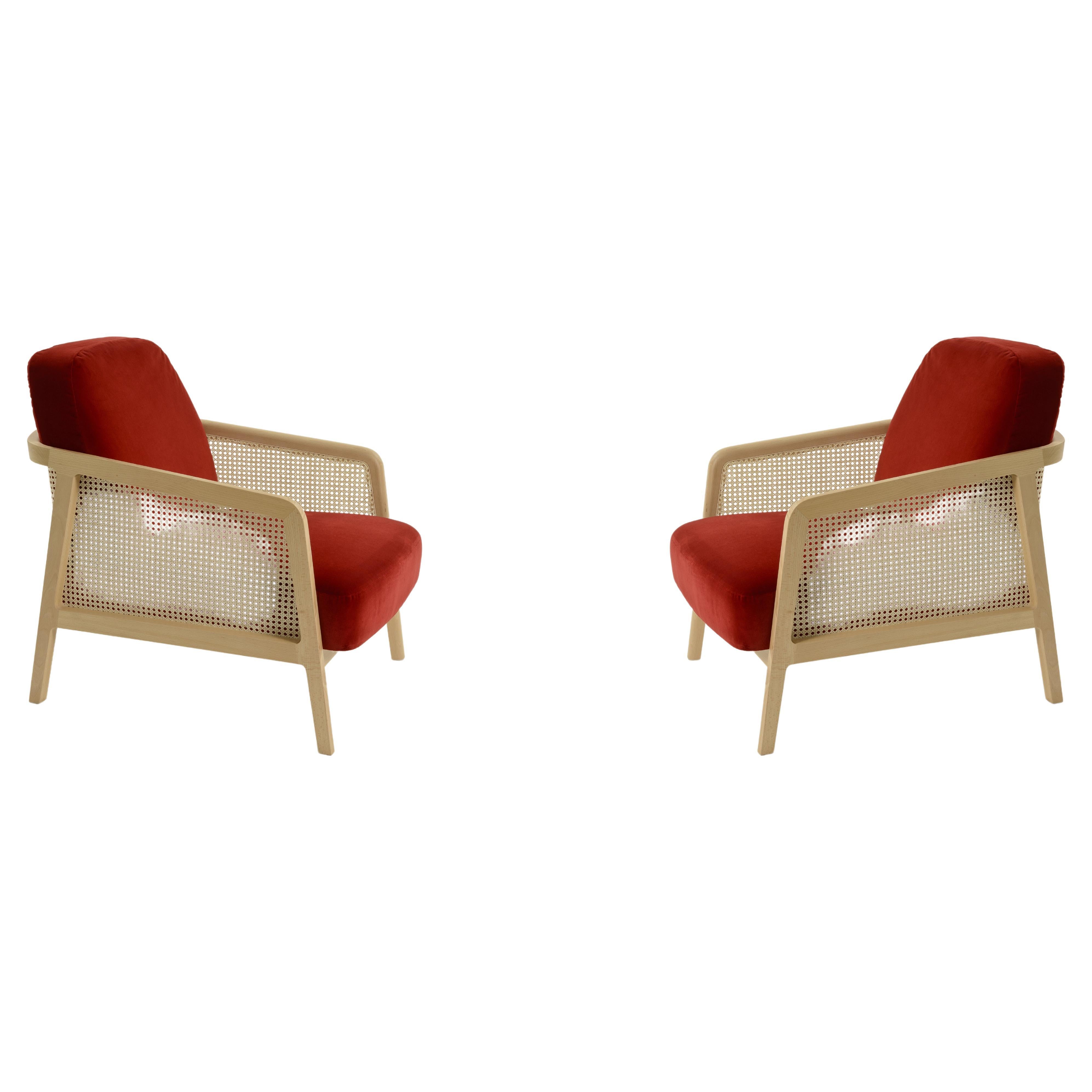 Vienna Armchair, Set of 2, Beechwood, Red Velvet Cushions Contemporary Design For Sale