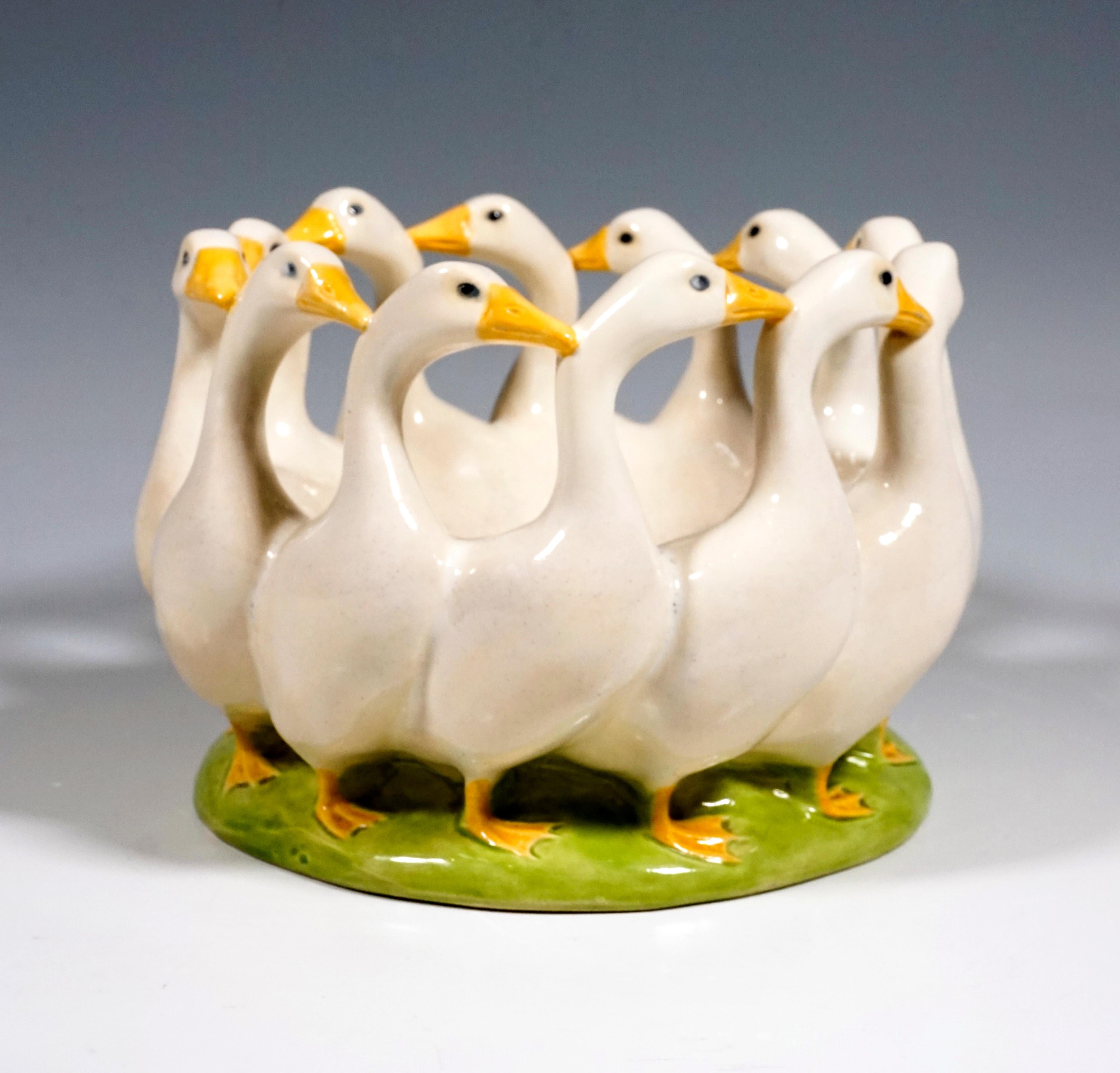 Art Nouveau ceramic centerpiece, twelve geese designed in a circle to form a bowl. White earthenware painted in color and glazed.

Designed by Michael MÖRTL (1878 - 1939) around 1905

Manufactured by 'Wiener Kunstkeramische Werkstätte' /= Vienna