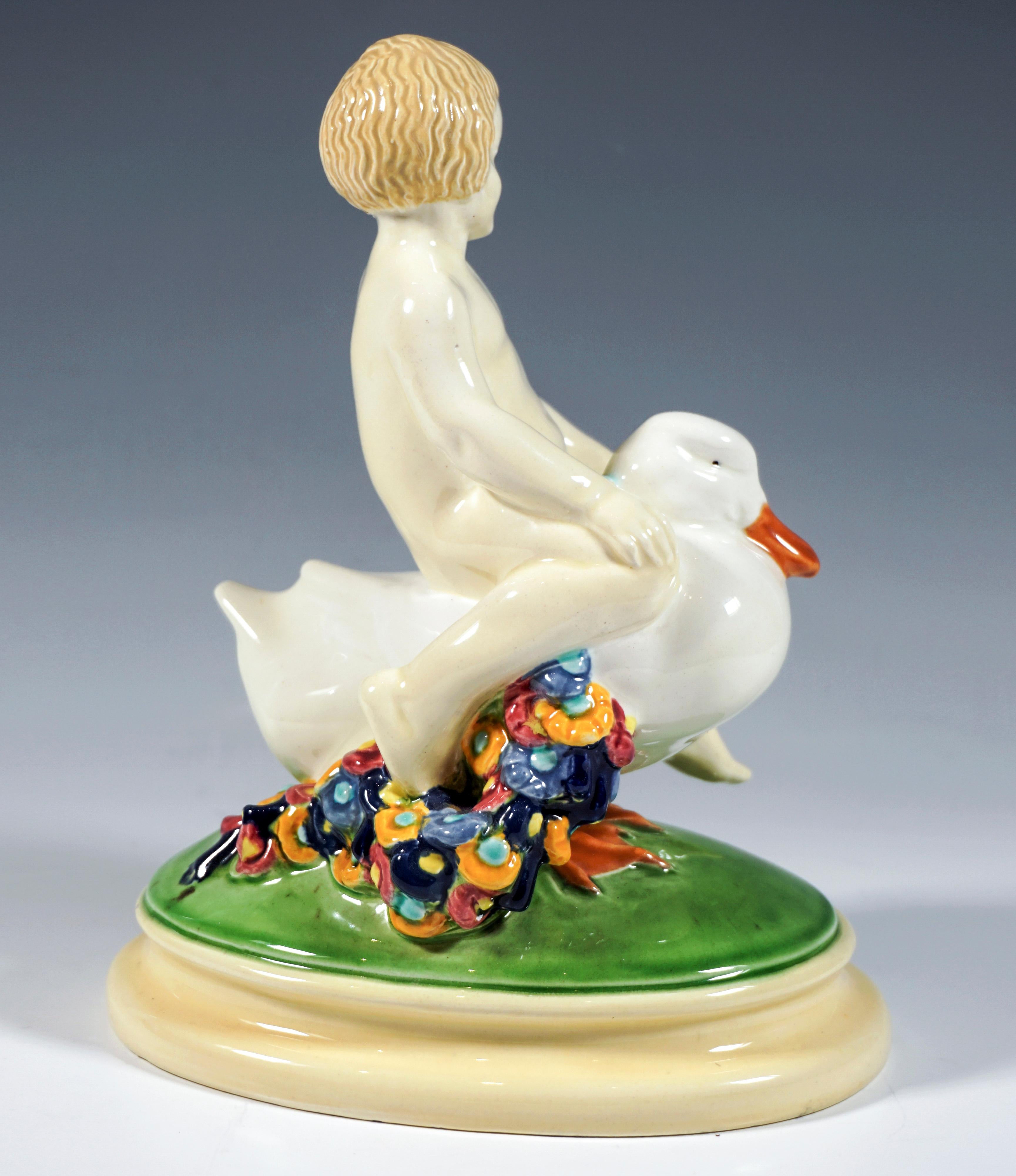 Austrian Vienna Art Ceramics Art Nouveau Figure Putto Riding A Duck By Doblinger, Ca 1910 For Sale