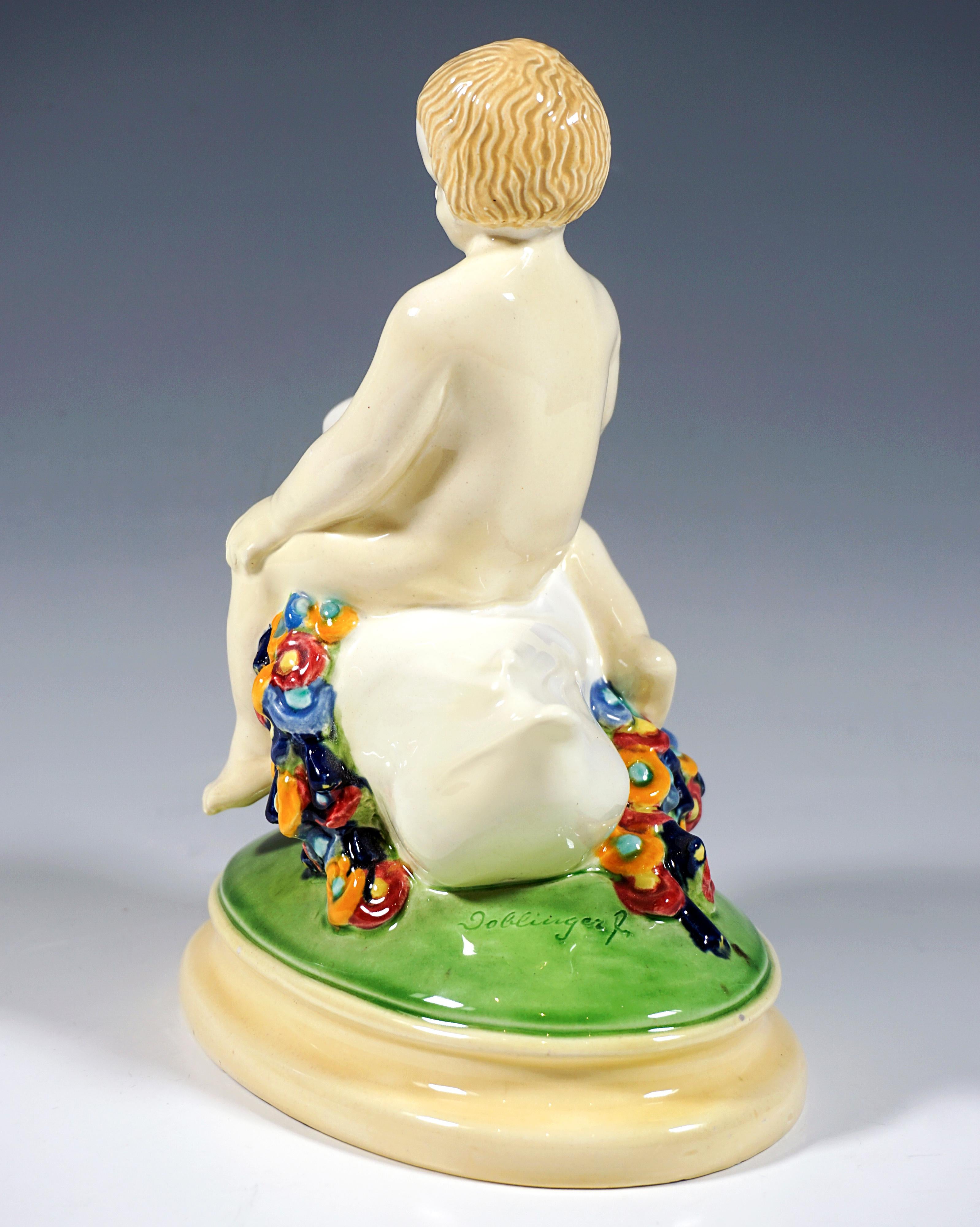 Hand-Crafted Vienna Art Ceramics Art Nouveau Figure Putto Riding A Duck By Doblinger, Ca 1910 For Sale