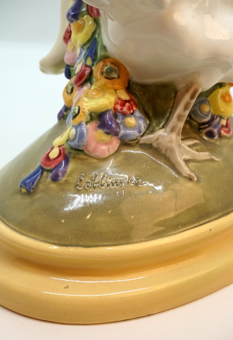 Early 20th Century Vienna Art Ceramics Art Nouveau Figure Putto Riding on a Cock by Doblinger, 1910 For Sale