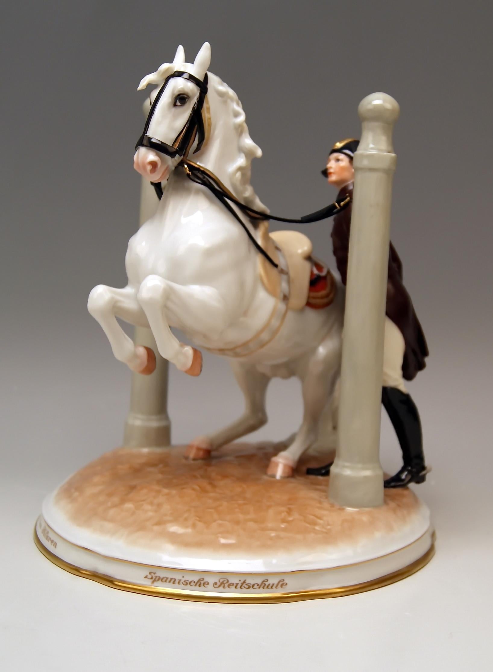 Vienna Augarten horse Spanish riding school
Figurine type: In den Pilaren

The rider standing upright guides the horse which is rearing up on its hind legs. The horse is fixated between the so-said Pilares: These Pilares had once been a tool for