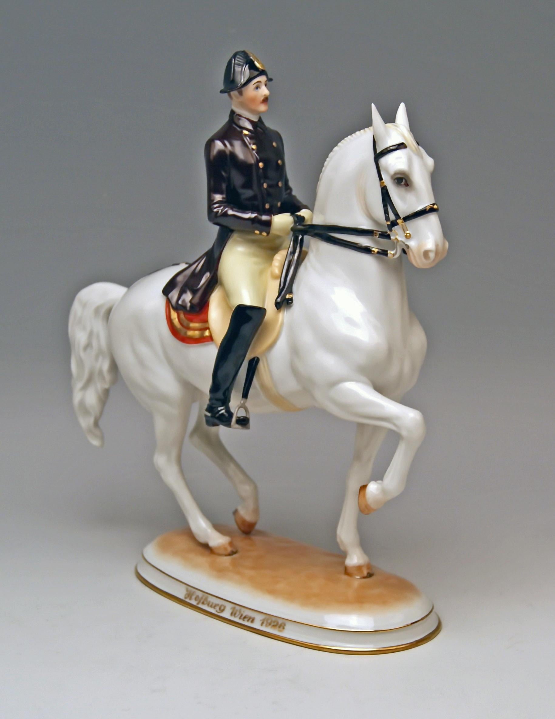 Vienna Augarten Horse Spanish Riding School
Figurine type: Piaffe

The piaffe is a dressage movement where the horse is in a highly collected and cadenced trot, in place or nearly in place. The center of gravity of the horse should be more