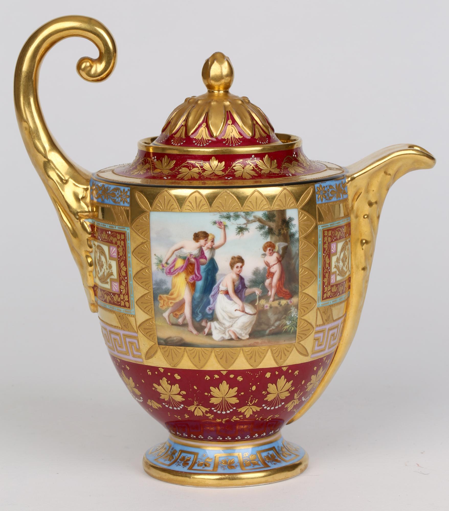 An exceptional antique Austian hand-painted porcelain chocolate pot and stand by the renowned Vienna factory and dating from the 19th century. This exquisite set combines a rounded purpose made stand with a central raised support for the chocolate