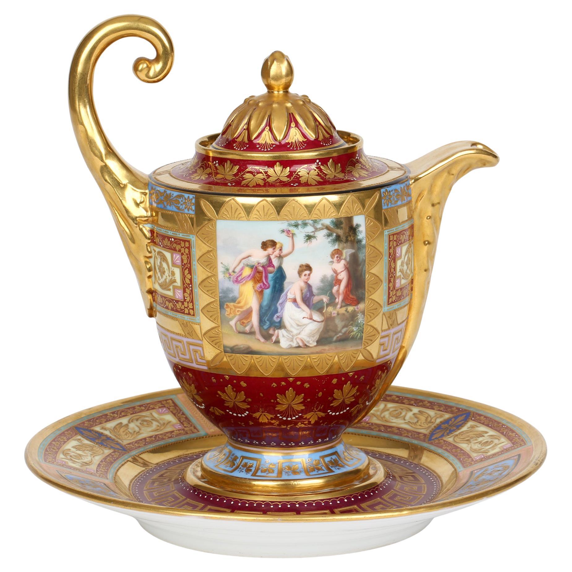 Vienna Austrian Hand-Painted Porcelain Chocolate Pot & Stand