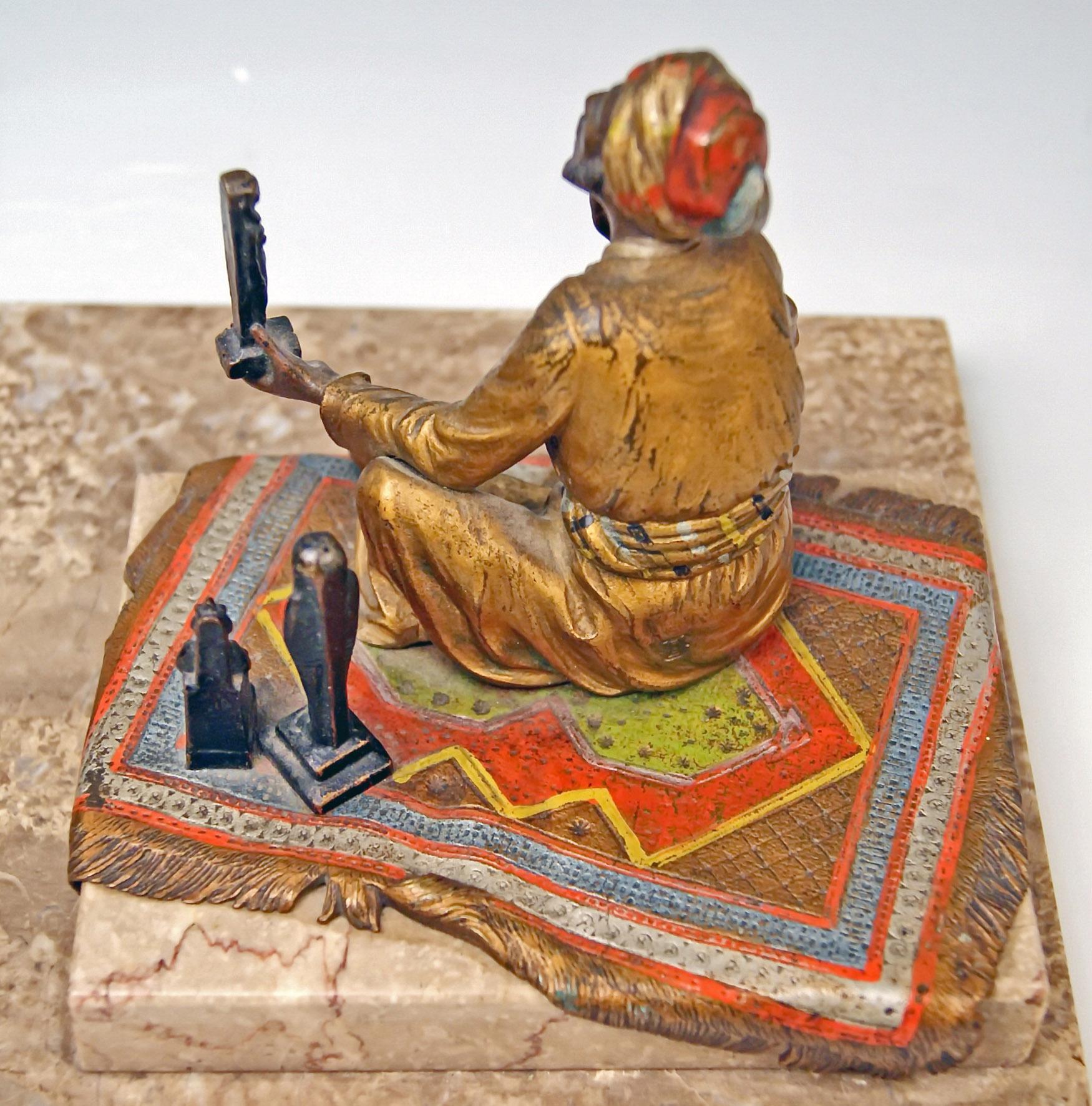 Late 19th Century Vienna Bergman Bronze Arab Man on Carpet Selling Egypt Antiquities, circa 1890 For Sale