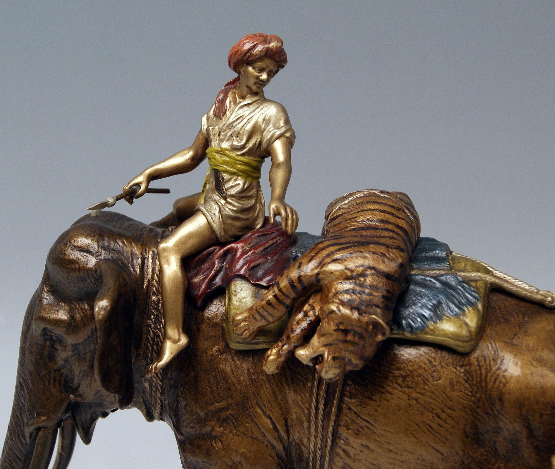 Cold-Painted Vienna Bergman Bronze Big Game Hunters with Elephant and Tiger Vintage, 1890