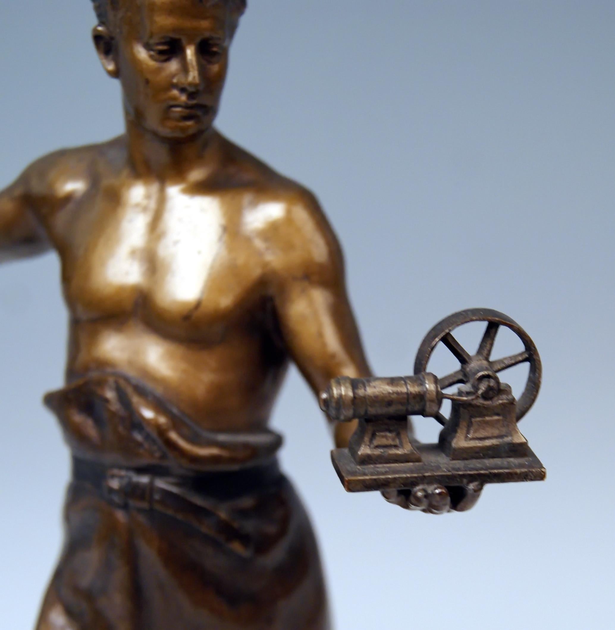 Patinated Vienna Bergman Bronze Figurine Smith with Anvil and Gearwheel, circa 1922 For Sale