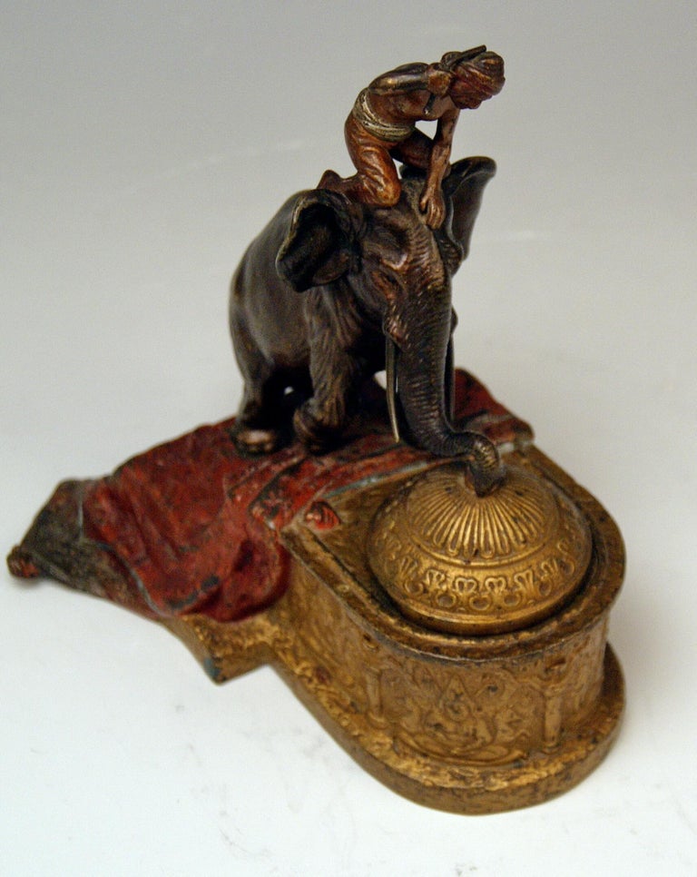 Late 19th Century Vienna Bergman Bronze Indian Man on Elephant Inkstand Inkwell Inkpot, circa 1880 For Sale