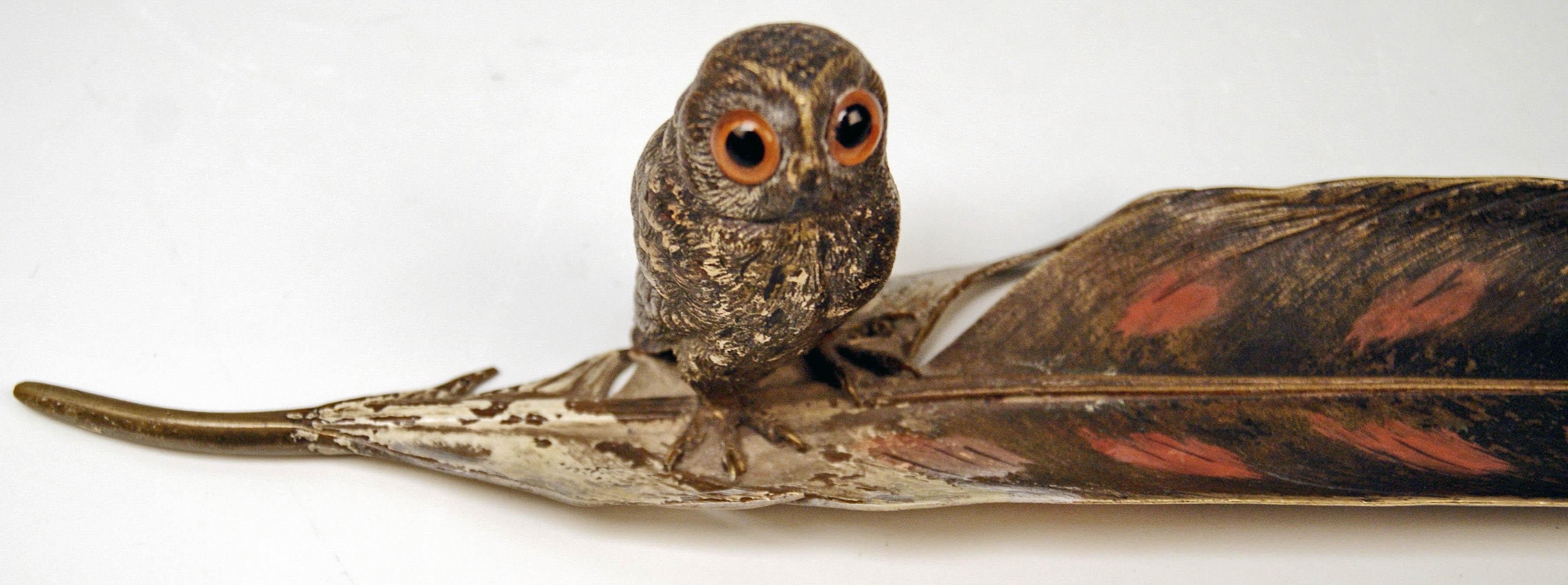 Austrian Vienna Bergman Bronze Owl Situated on Feather Made circa 1890-1900