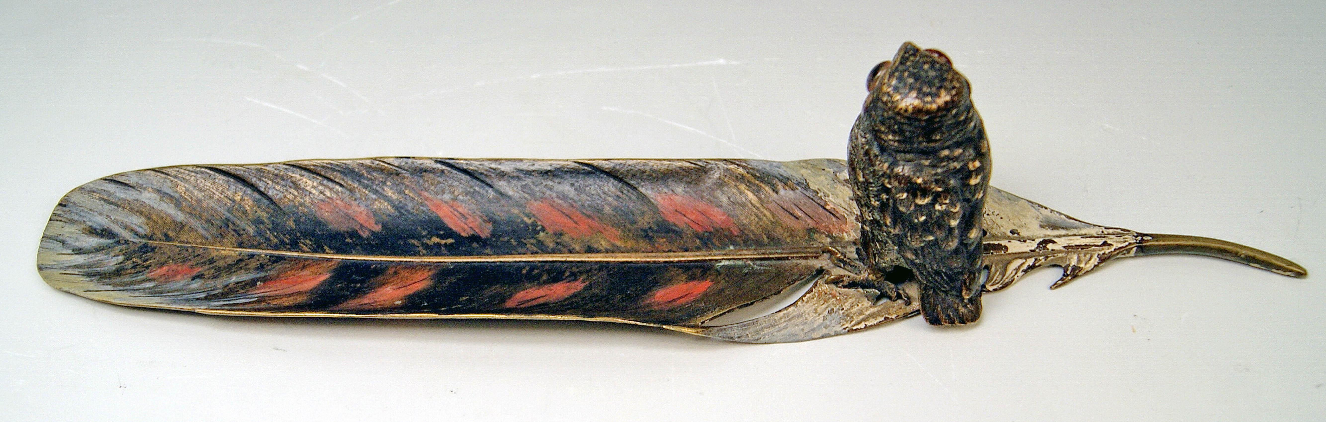 Late 19th Century Vienna Bergman Bronze Owl Situated on Feather Made circa 1890-1900