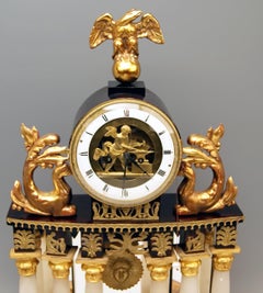 Vienna Biedermeier Mantel Table Clock Alabaster Columns Cherub Blacksmith