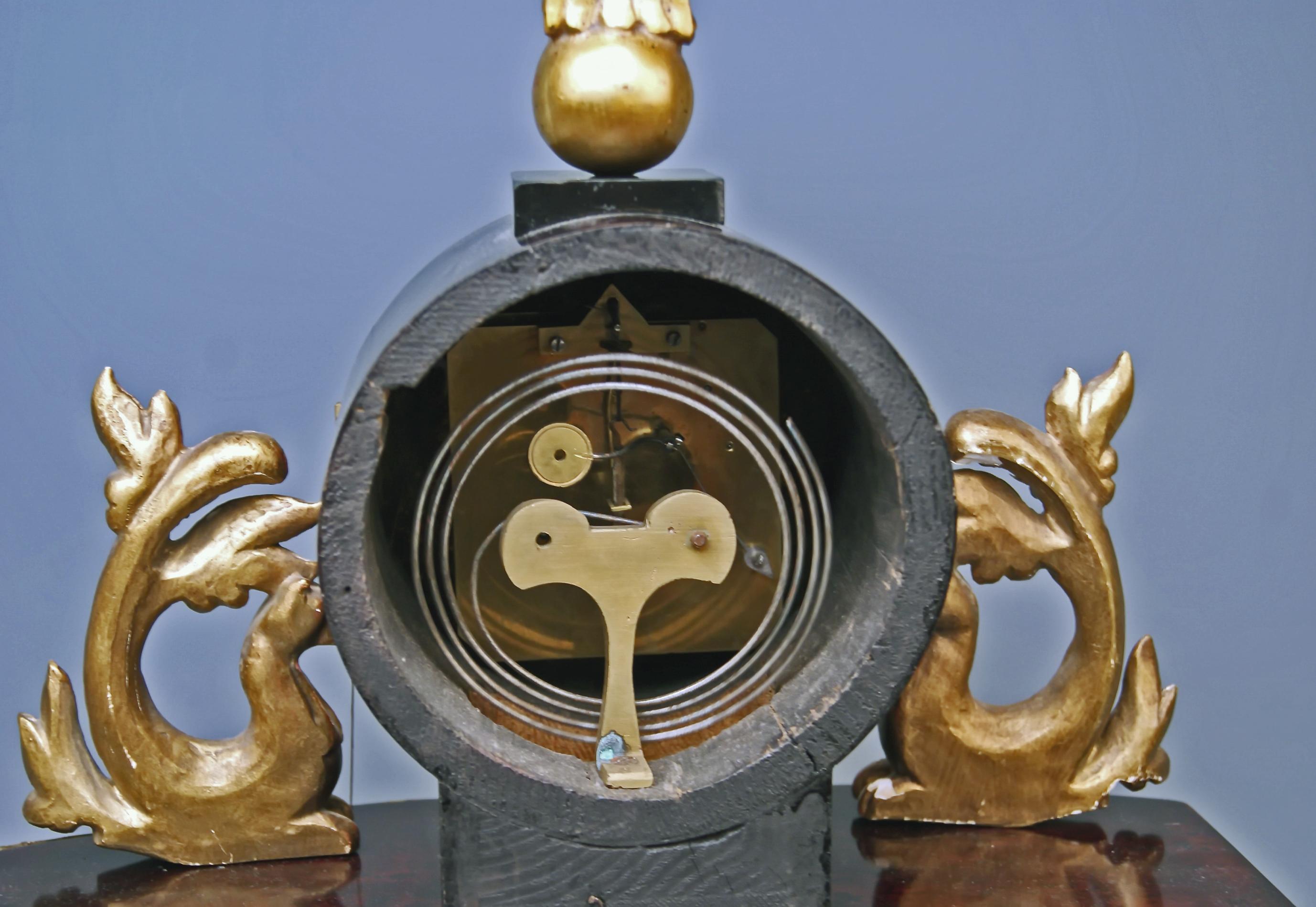 Brass Vienna Biedermeier Mantel Table Clock Alabaster Columns Cherub Blacksmith