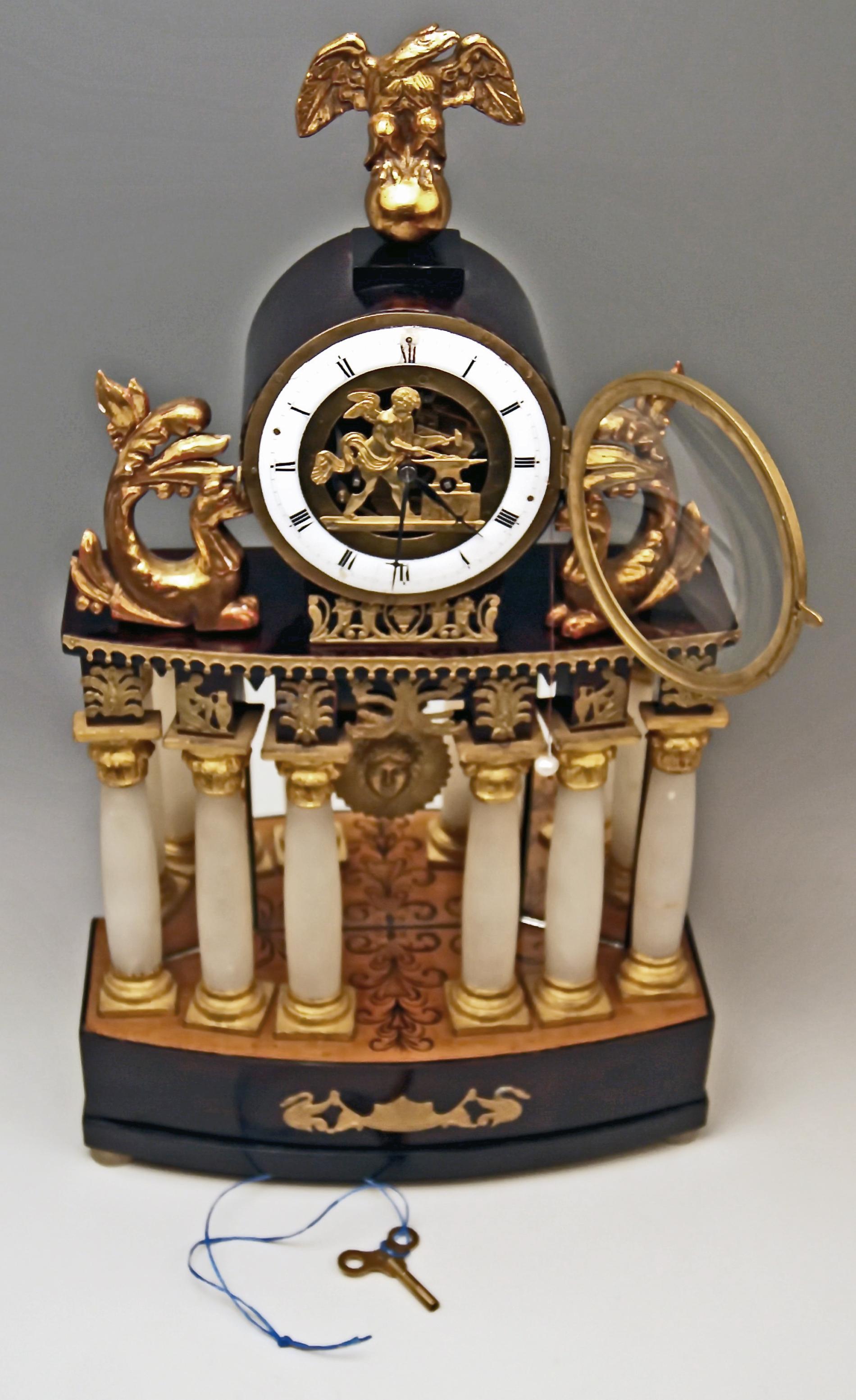 Vienna Biedermeier Mantel Table Clock Alabaster Columns Cherub Blacksmith 1