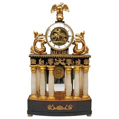 Antique Vienna Biedermeier Mantel Table Clock Alabaster Columns Cherub Blacksmith