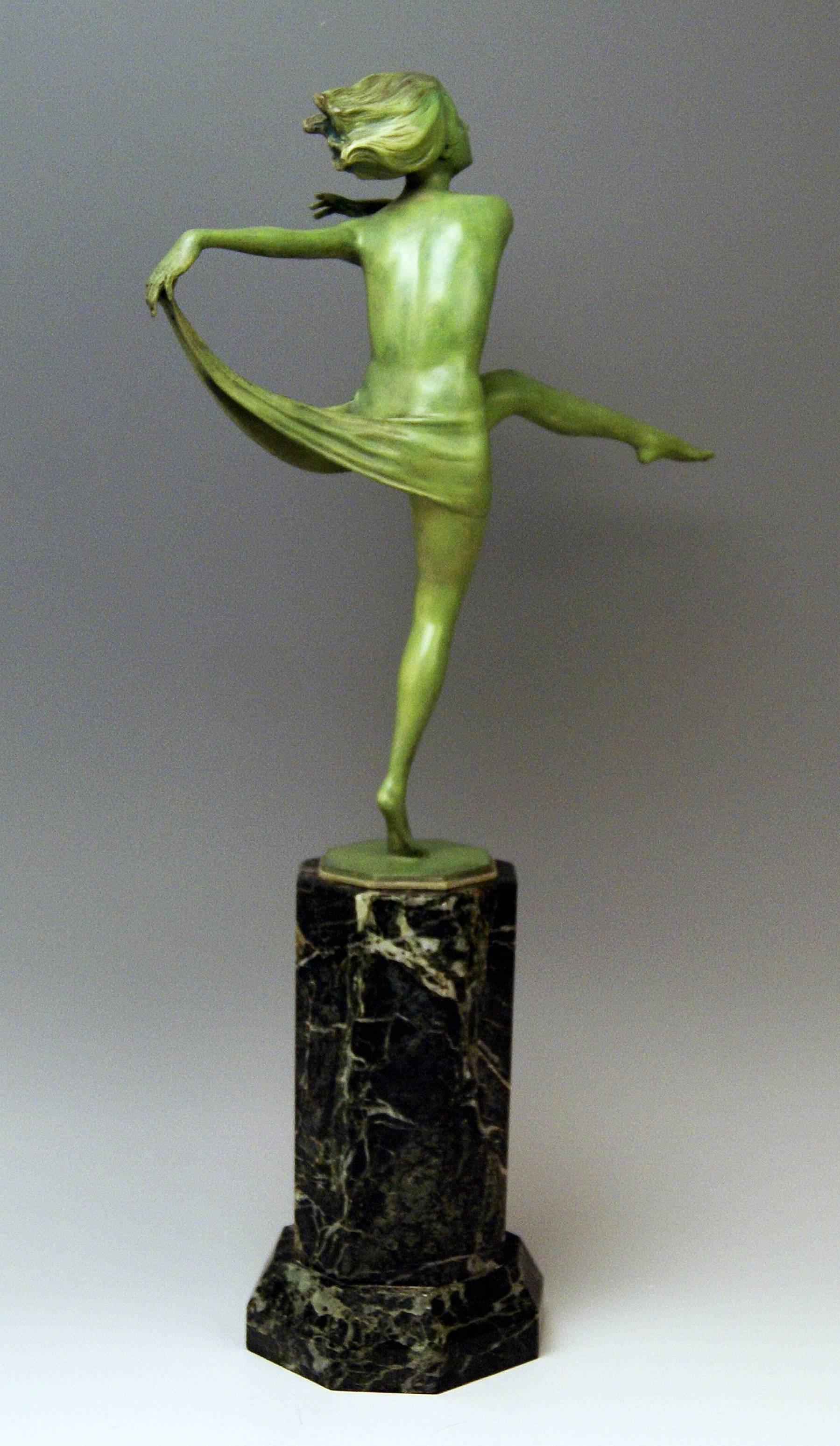 Patinated Vienna Bronze Figurine Art Deco Lady Nude Dancer Josef Lorenzl Marble Base 1925