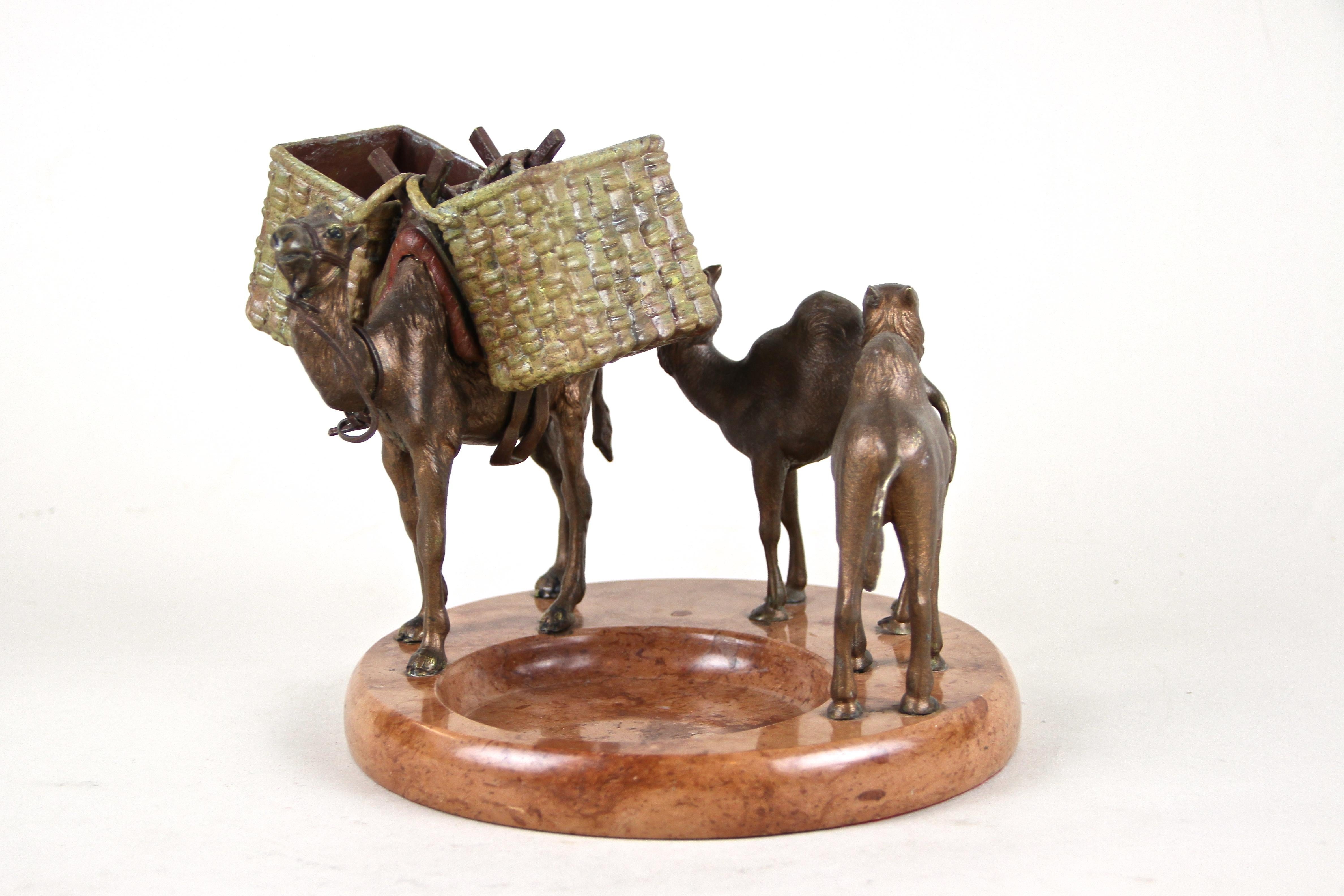 Fine Vienna bronze camel sculptures on red marble bowl from the period around 1920 in Austria. The decorative round bowl/ ashtray made of red marble is adorned by three artfully designed full bronze Arabian camels (a female with her small ones)