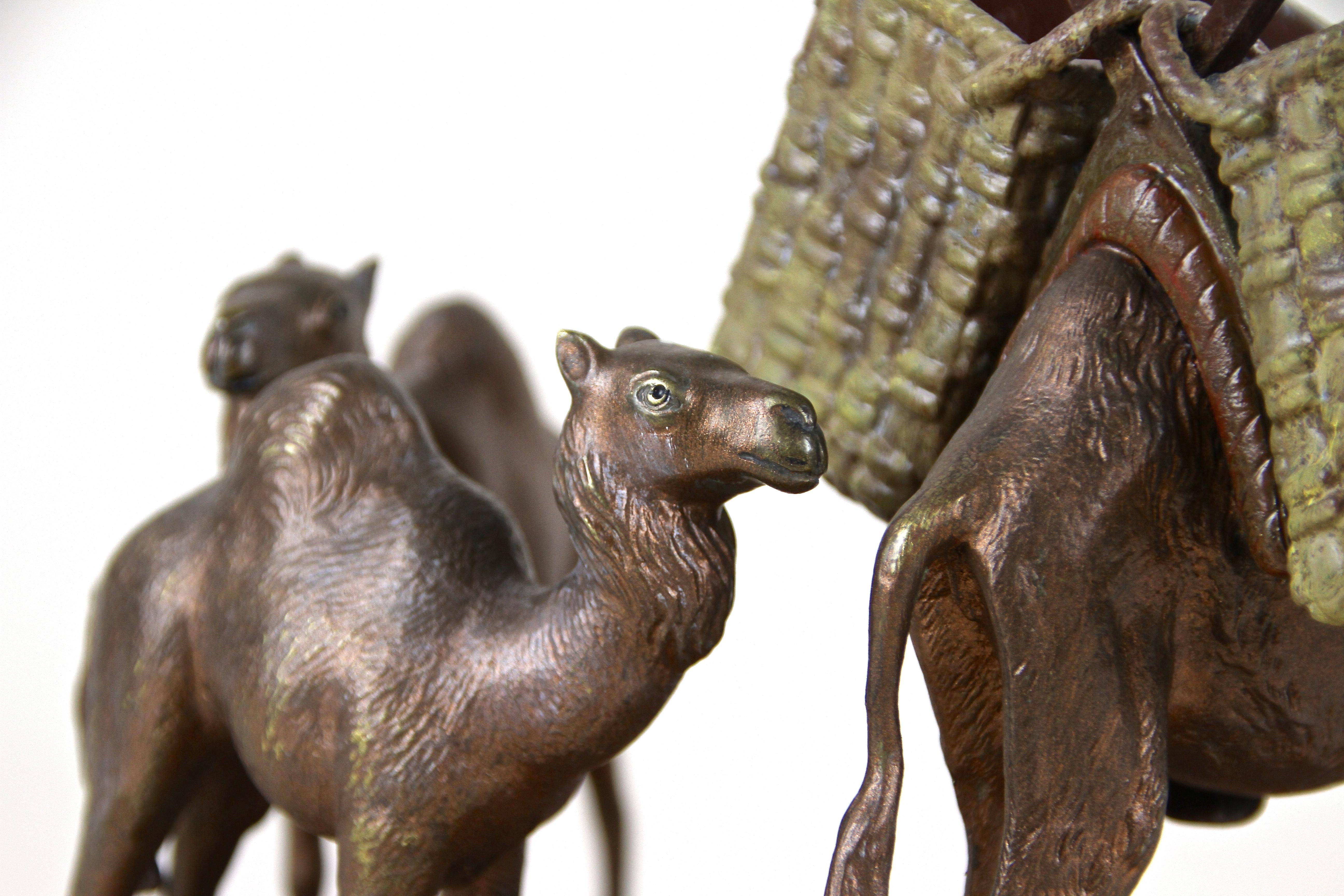 20th Century Vienna Bronze Camel Sculptures on Red Marble Bowl, France, circa 1920