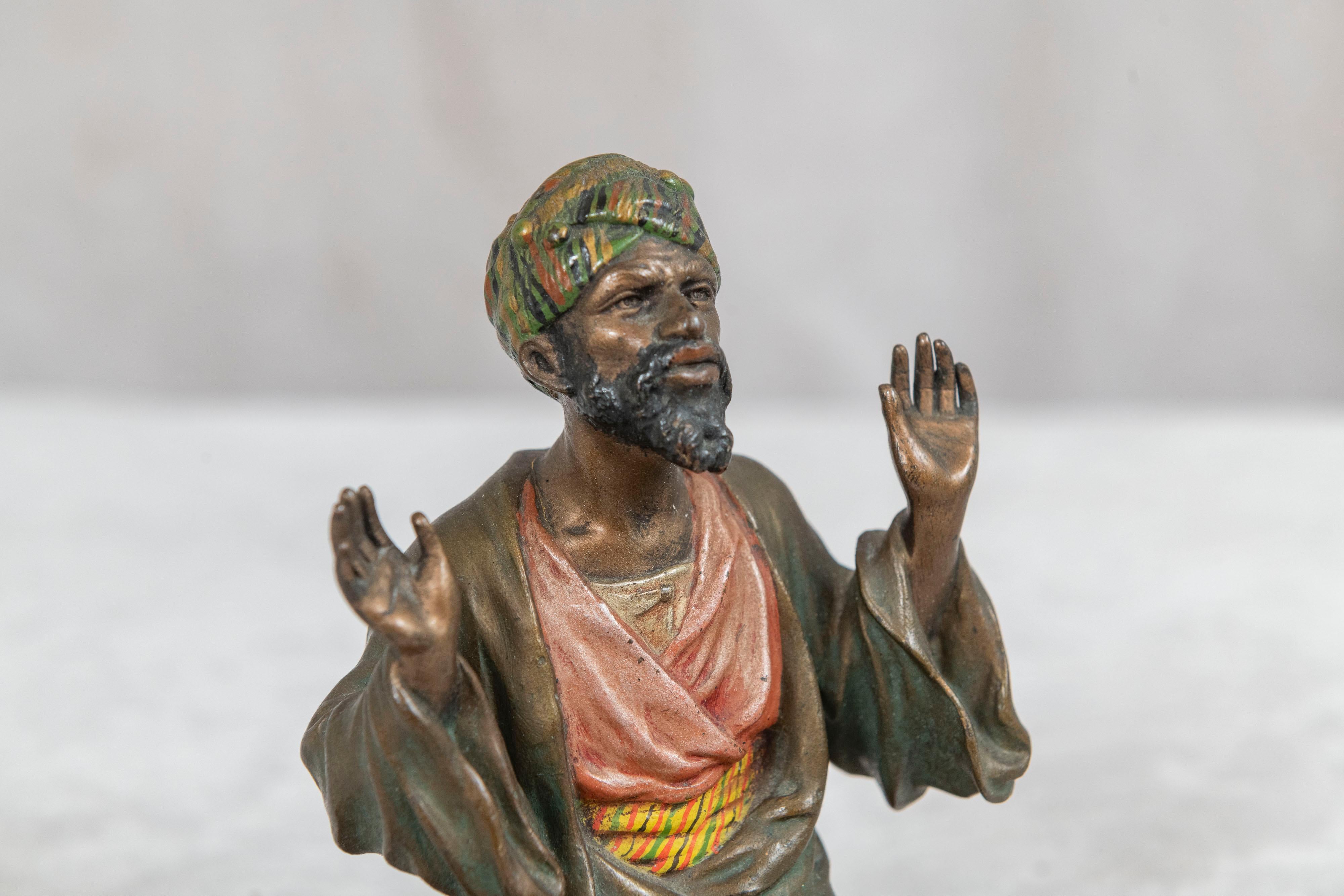 Vienna Bronze Cold Painted Man Praying on Rug, Bergmann Foundry, ca. 1910 In Good Condition In Petaluma, CA