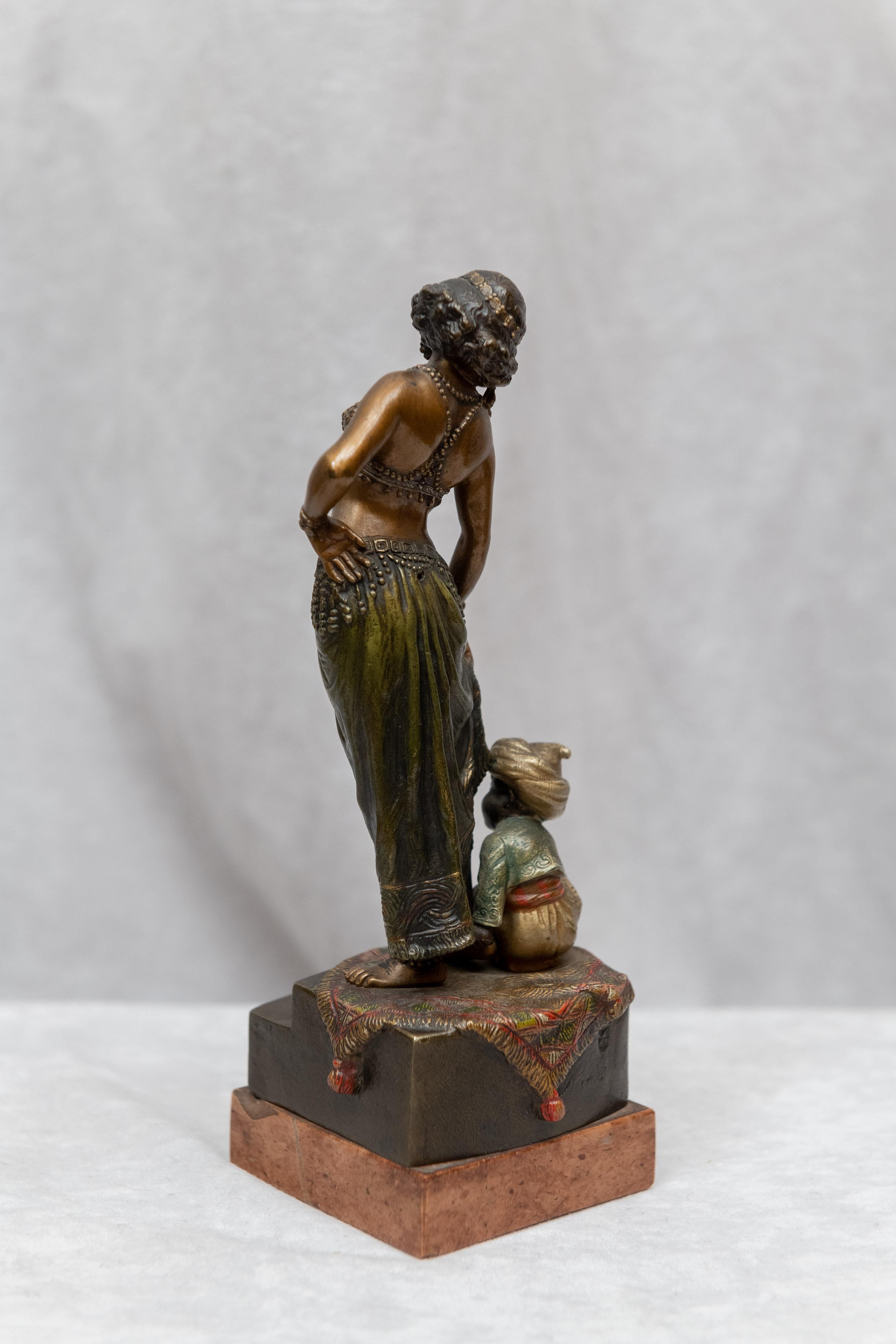 Beaux Arts Vienna Bronze Cold Painted Orientalist Group, Woman and Boy, Signed Bergmann