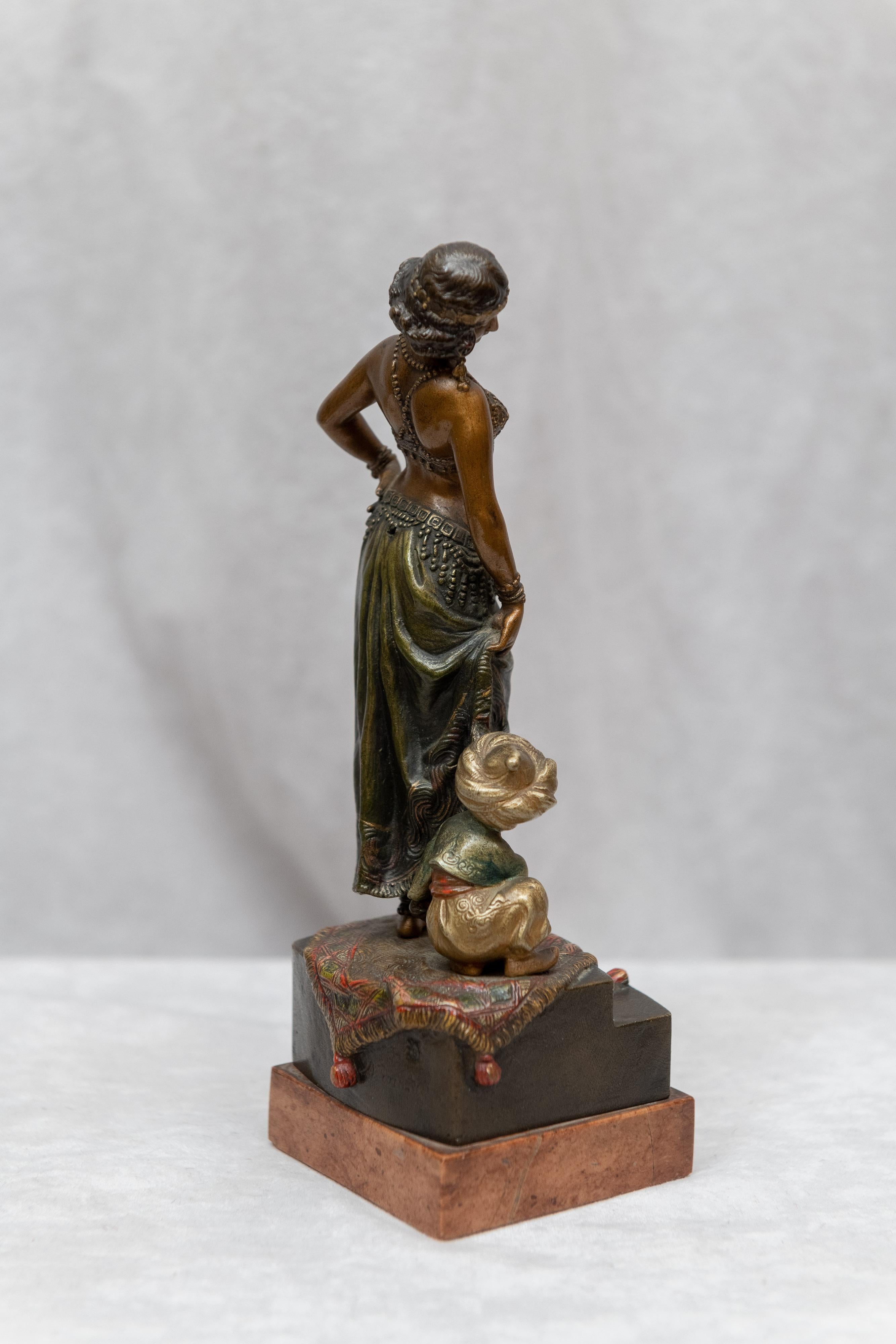 Austrian Vienna Bronze Cold Painted Orientalist Group, Woman and Boy, Signed Bergmann