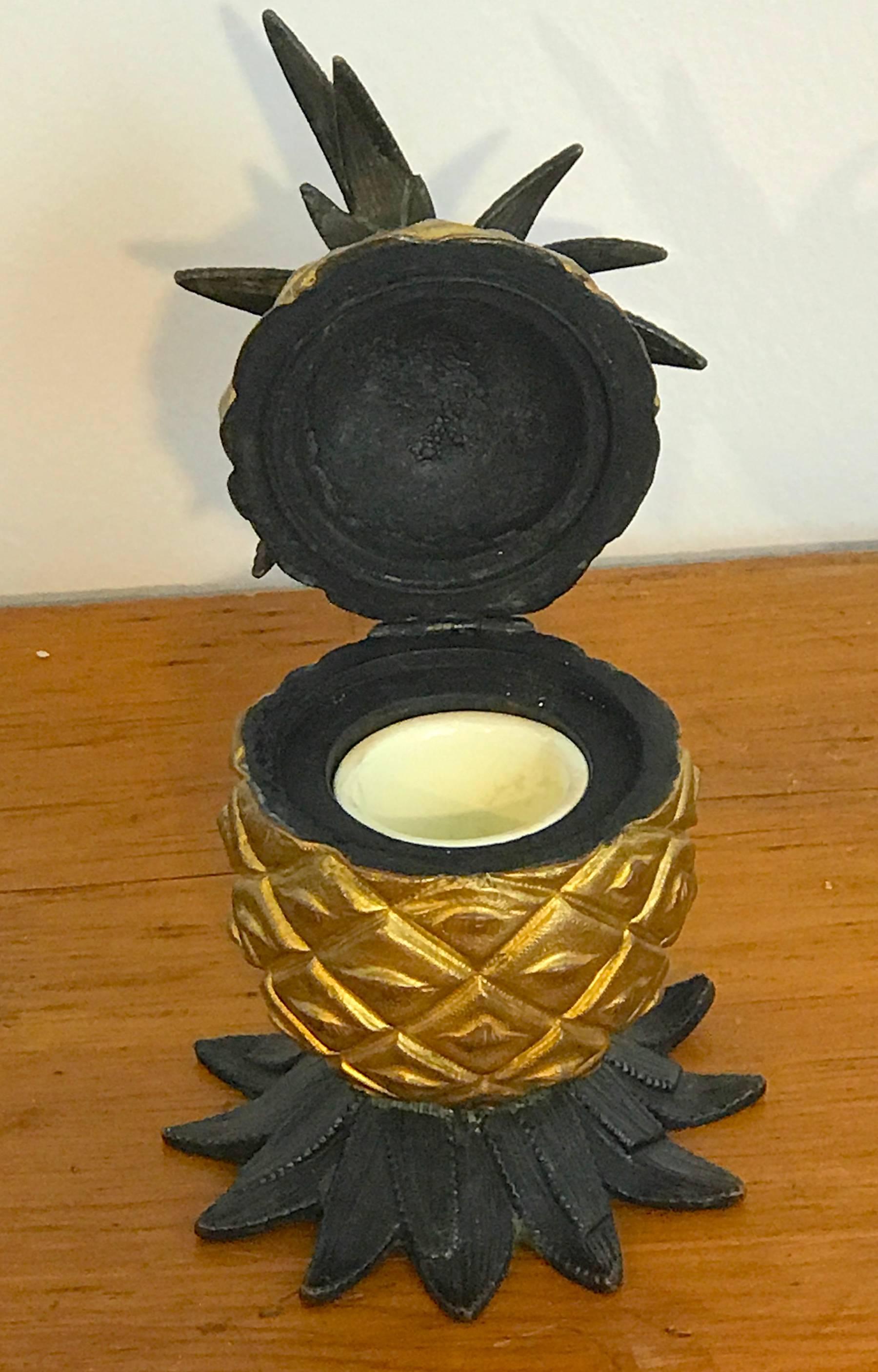 Vienna bronze cold painted pineapple inkwell with porcelain insert.