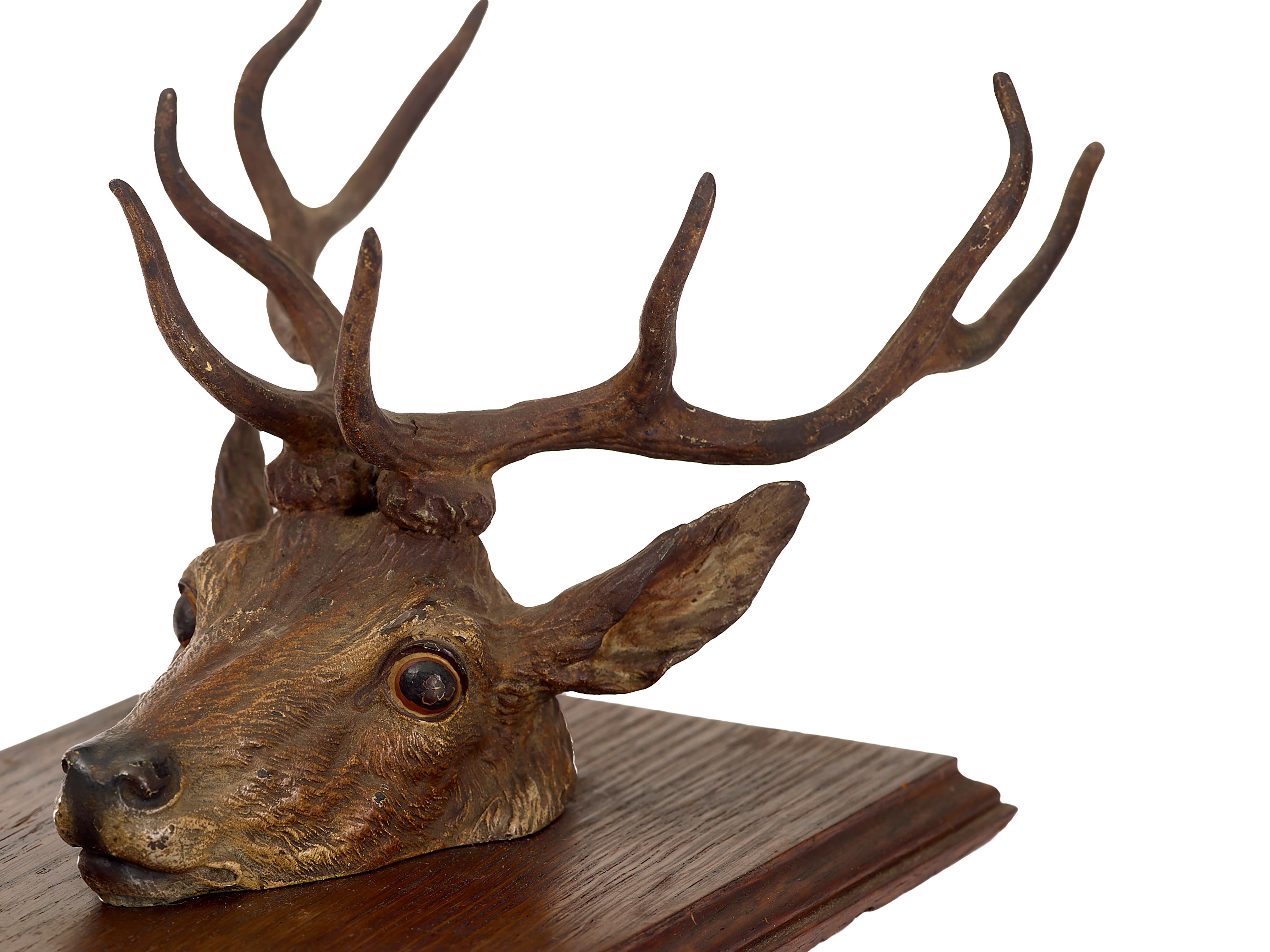 Vienna bronze deer head paper holder
Cold painted bronze stag head on oak base excellent original paint. Great condition, wall hung.