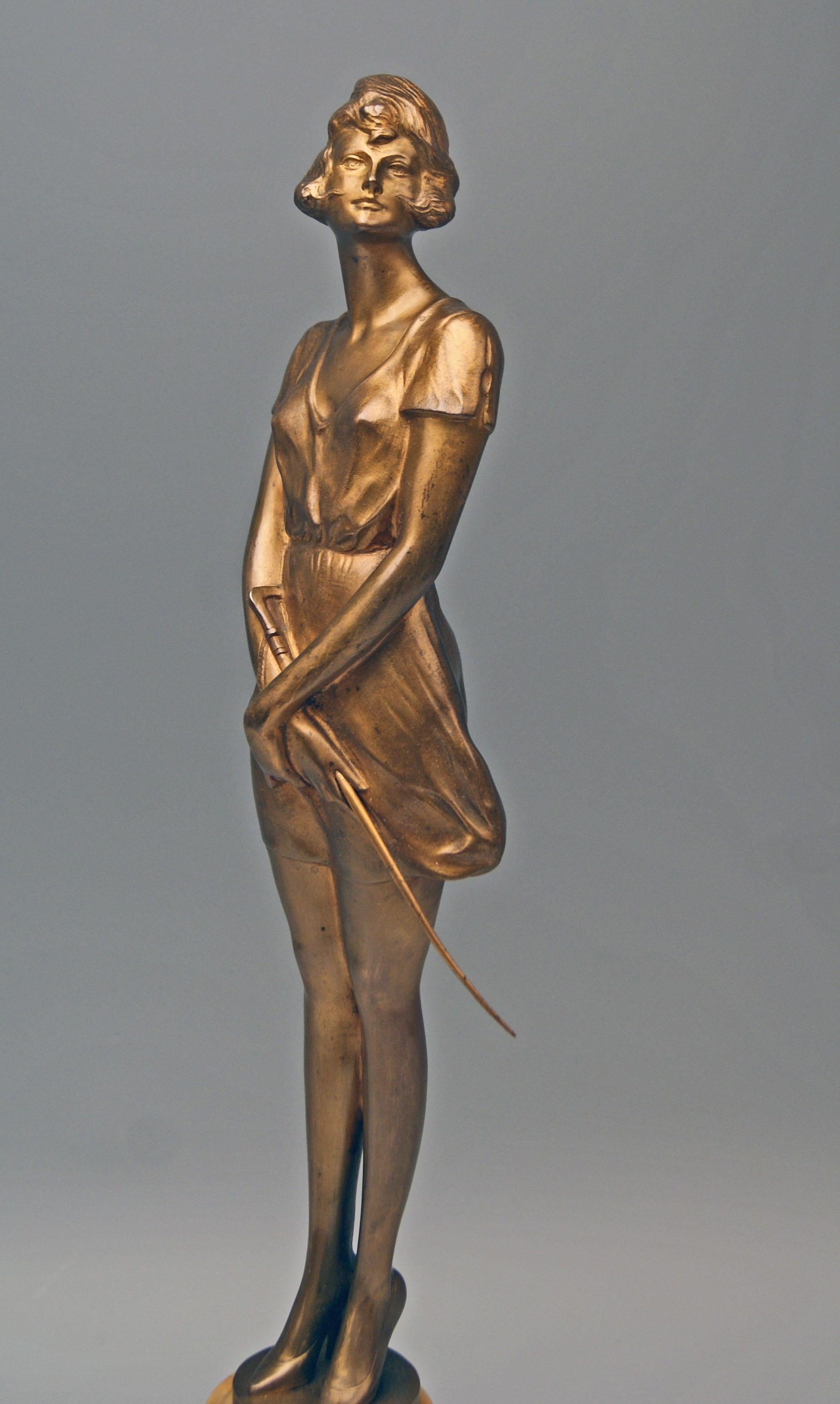 Mid-20th Century Vienna Bronze Lady Clad in Short Dress with Riding Crop Bruno Zach circa 1930
