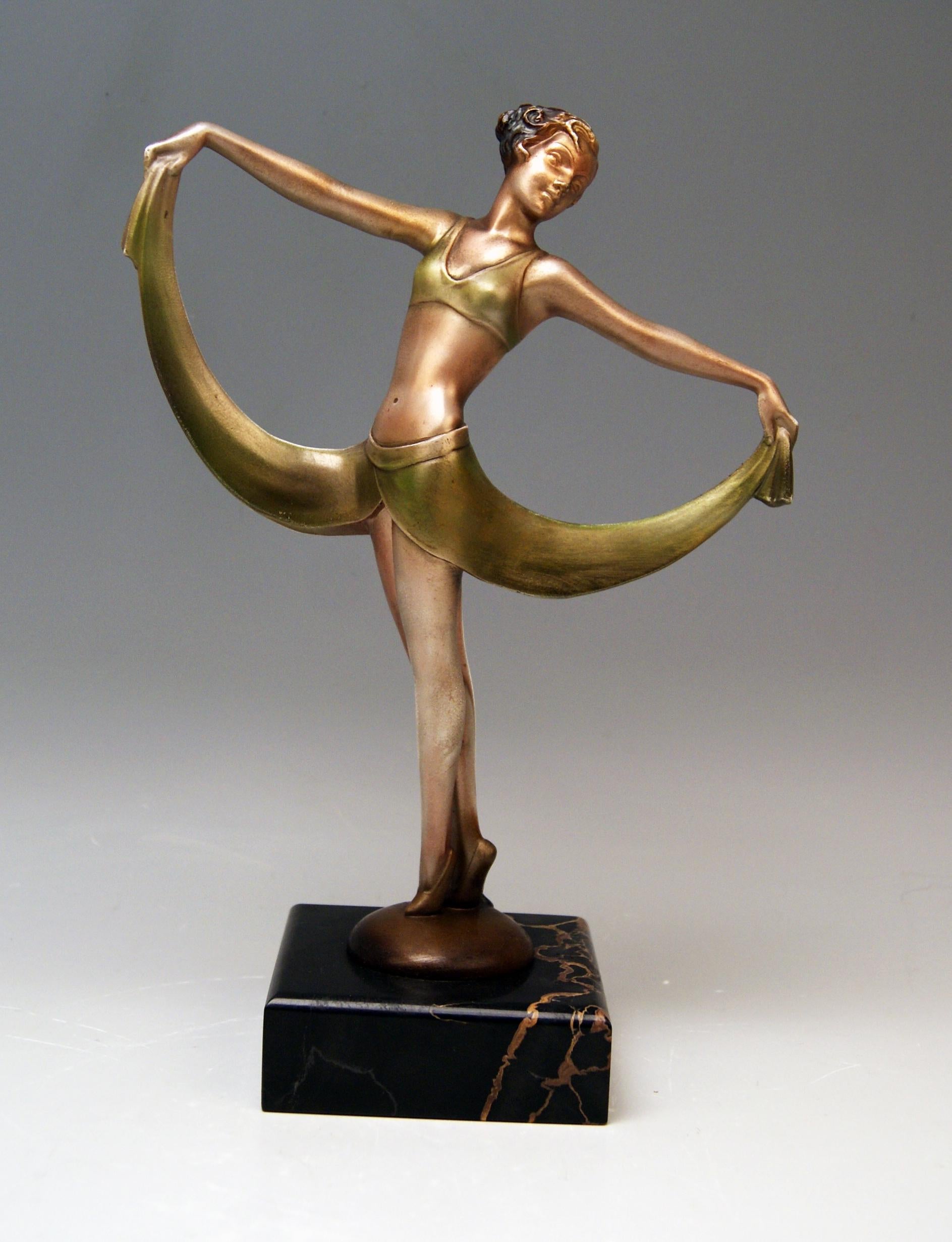 Vienna bronze finest Art Deco lady dancer.

Technique:
Bronze casting / mold
cold painted

Designed by Josef Lorenzl (1892 - 1950) / one of most important designers having been active for Goldscheider manufactory as well as for Vienna Bronze