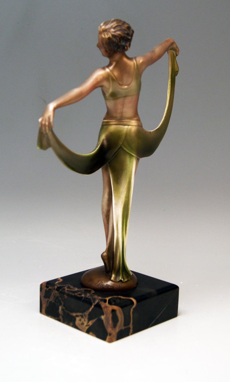 Cold-Painted Vienna Bronze Lady Dancer Josef Lorenzl Marble Base, circa 1925