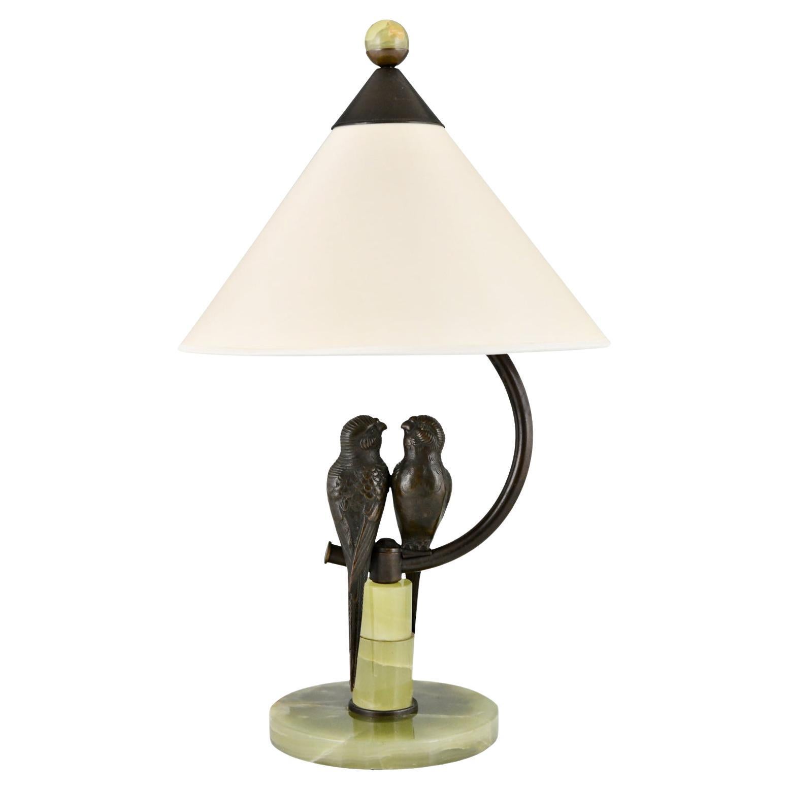 Vienna bronze lamp with two lovebirds, parakeet birds Austria ca. 1900