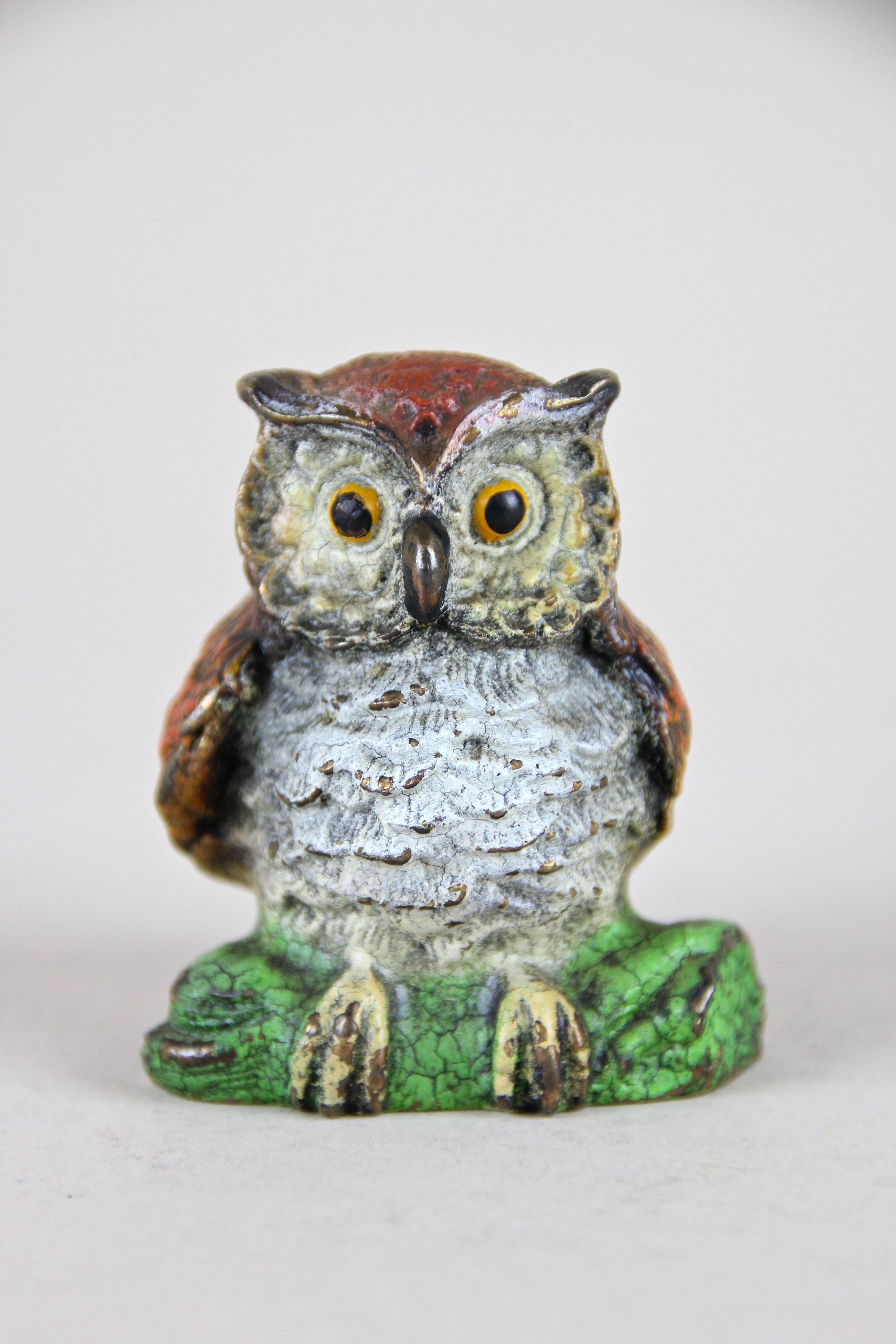 Charming Vienna bronze owl miniature sculpture beautiful painted from the early 20th century in Austria. From circa 1915 this artfully processed solid bronze owl impresses with many detail. Just have a look at the fantastic plumage or the facial