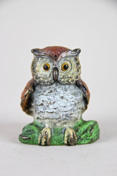 Vienna Bronze Owl Miniature Sculpture Painted, Austria, circa 1915
