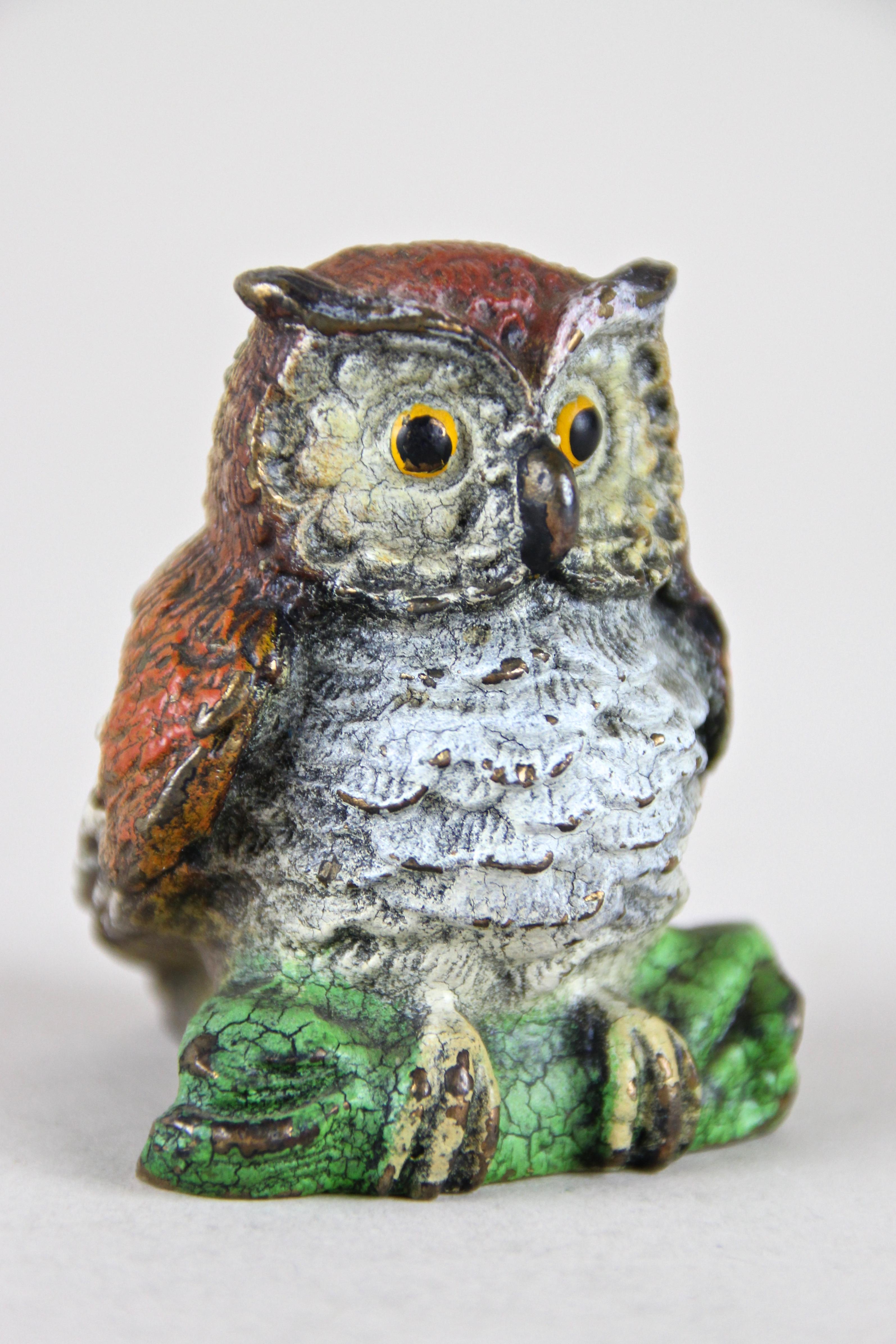Art Nouveau Vienna Bronze Owl Miniature Sculpture Painted, Austria, circa 1915