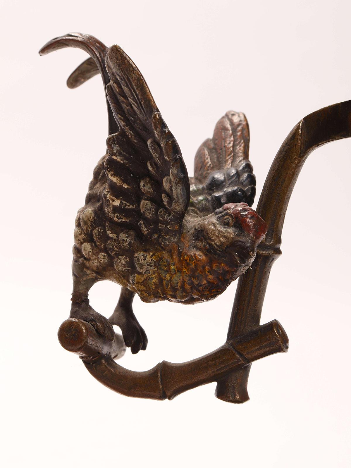 19th Century Vienna bronze sculpture depicting a swing with two parrots, Austria 1890.  For Sale