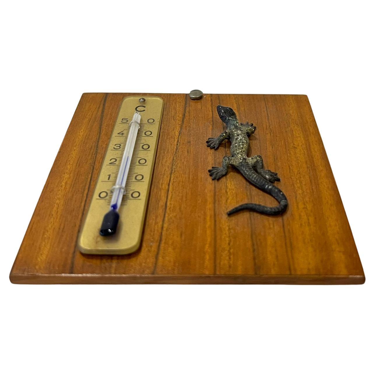 Wood Vienna Bronze Thermometer with Lizard For Sale