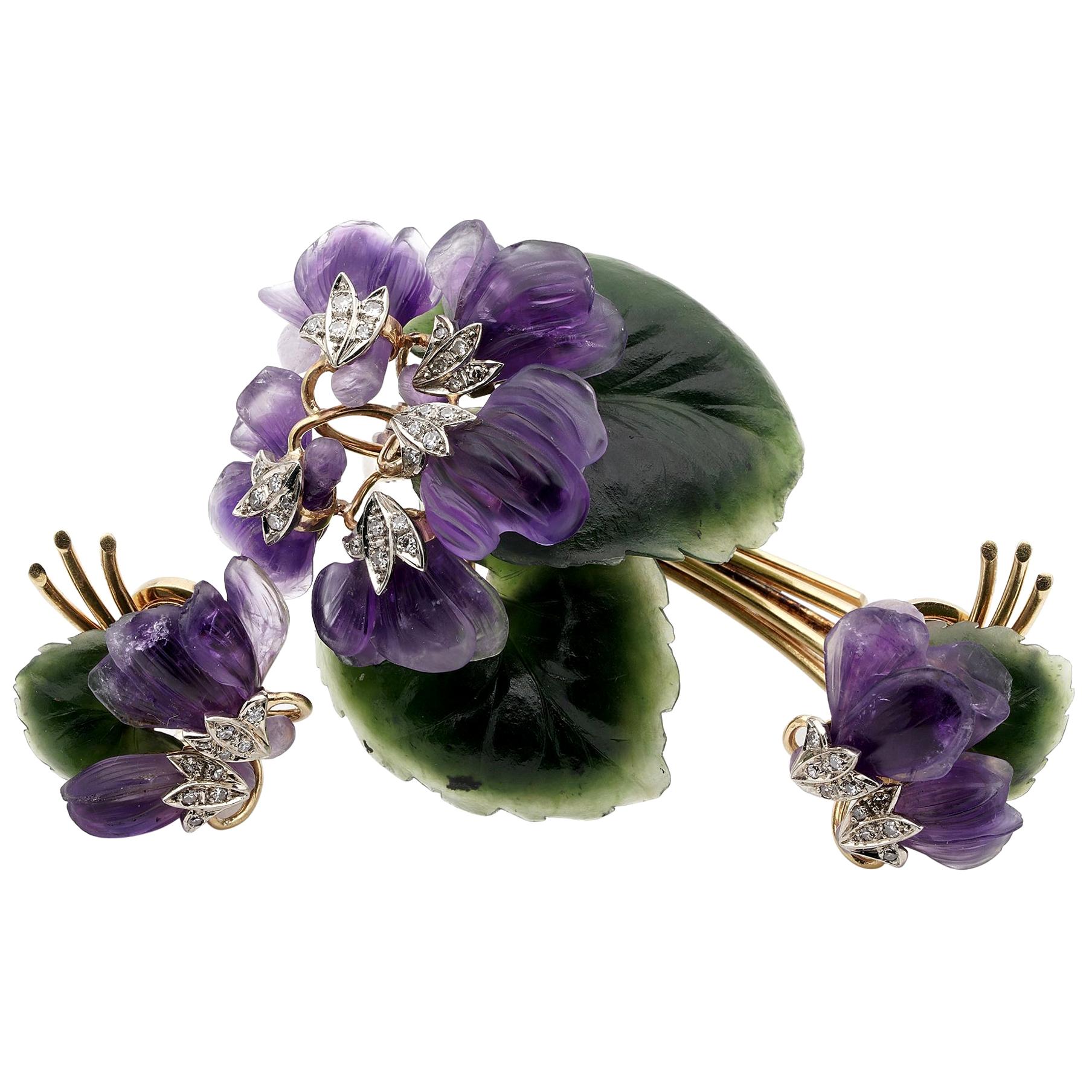 Vienna Carved Amethyst Nephrite Diamond Bunch Violet Brooch Earrings Suite For Sale