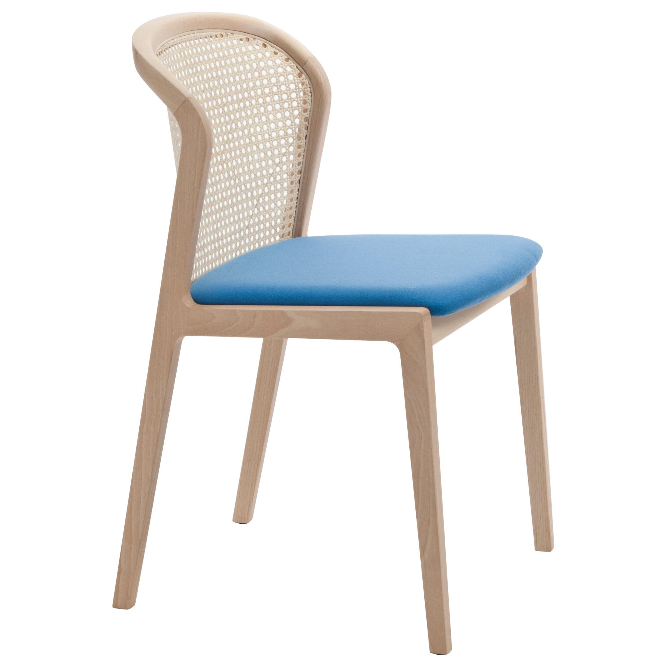 Chaise Vienna de Col, design moderne en bois et paille, assise tapissée azurée en vente