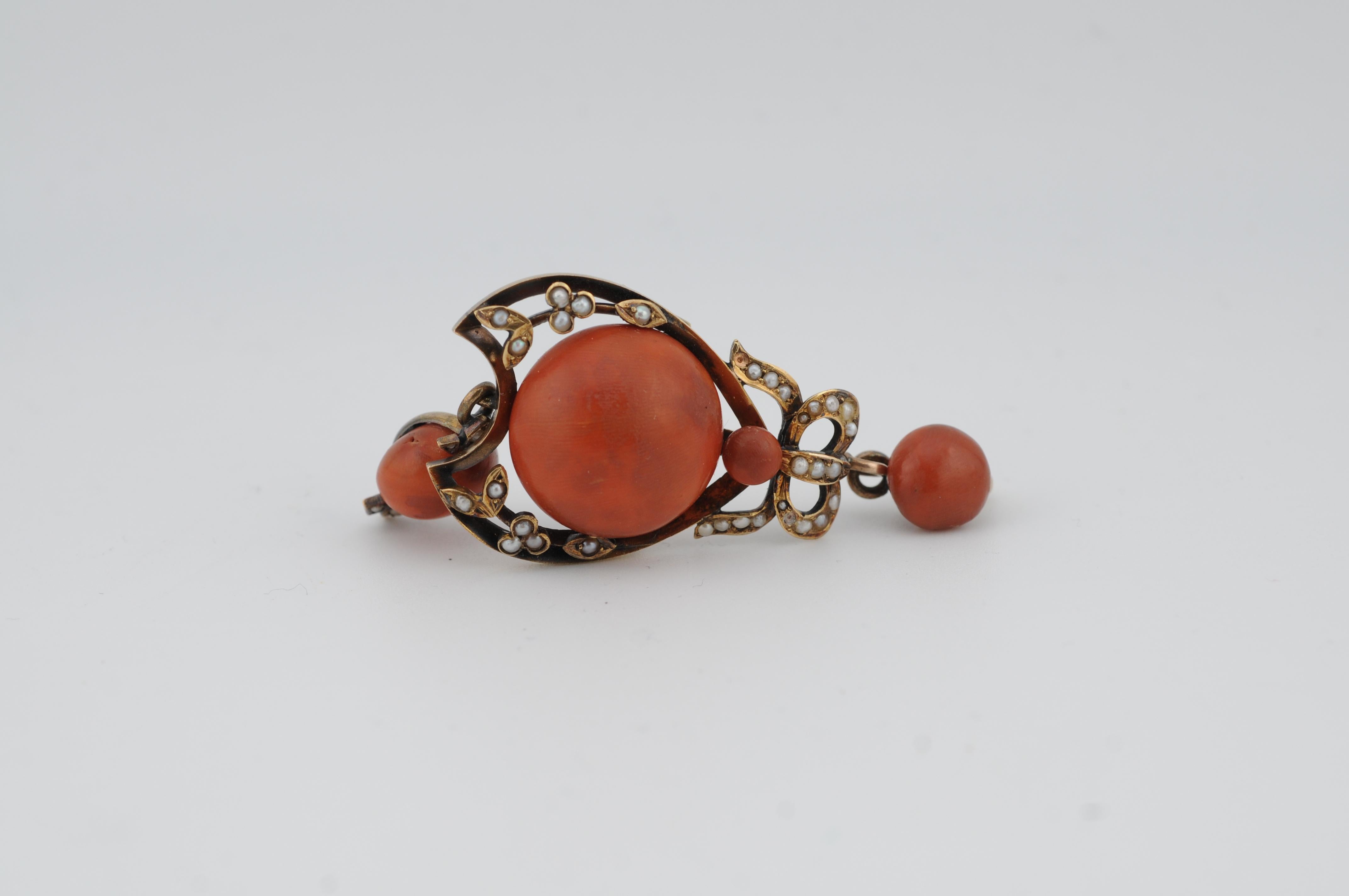 Vienne circa 1900 Broche/Pendentif en corail - Or jaune 14K, Jugendstil Unisexe en vente