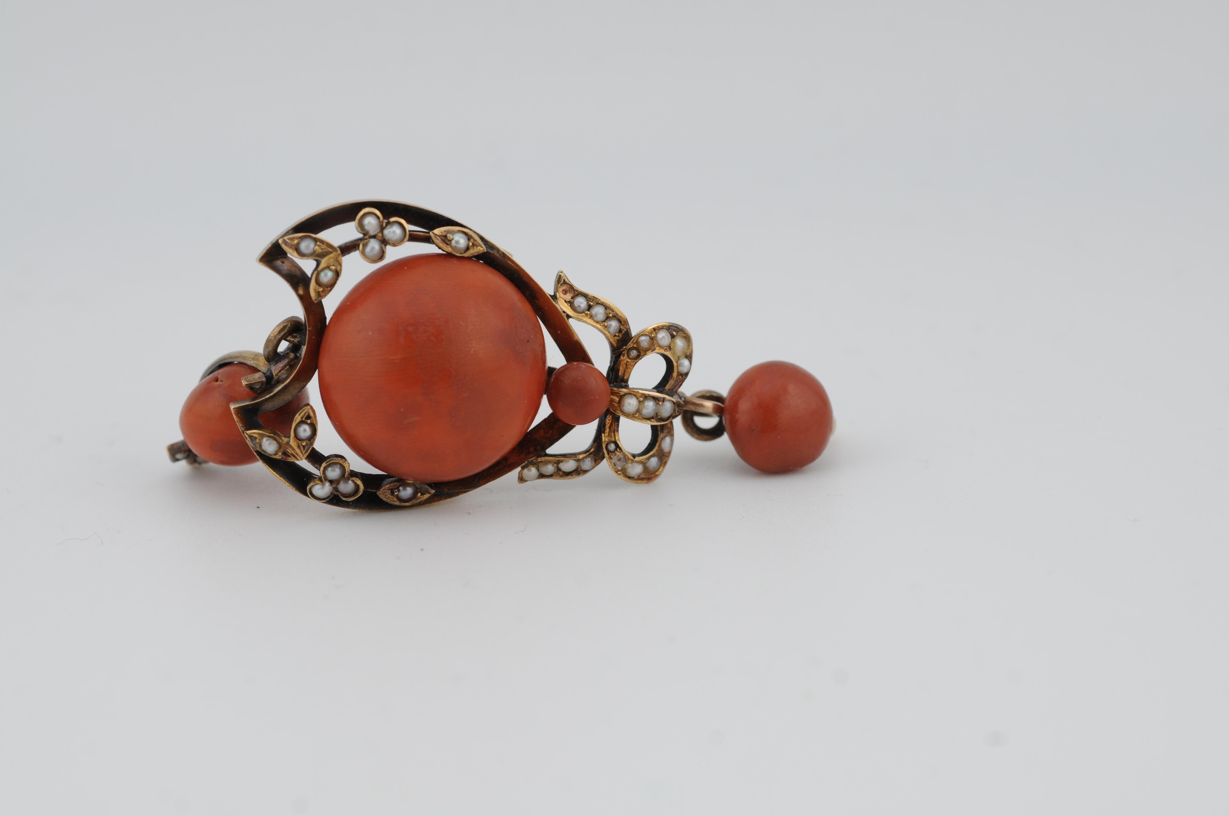Vienne circa 1900 Broche/Pendentif en corail - Or jaune 14K, Jugendstil en vente 1