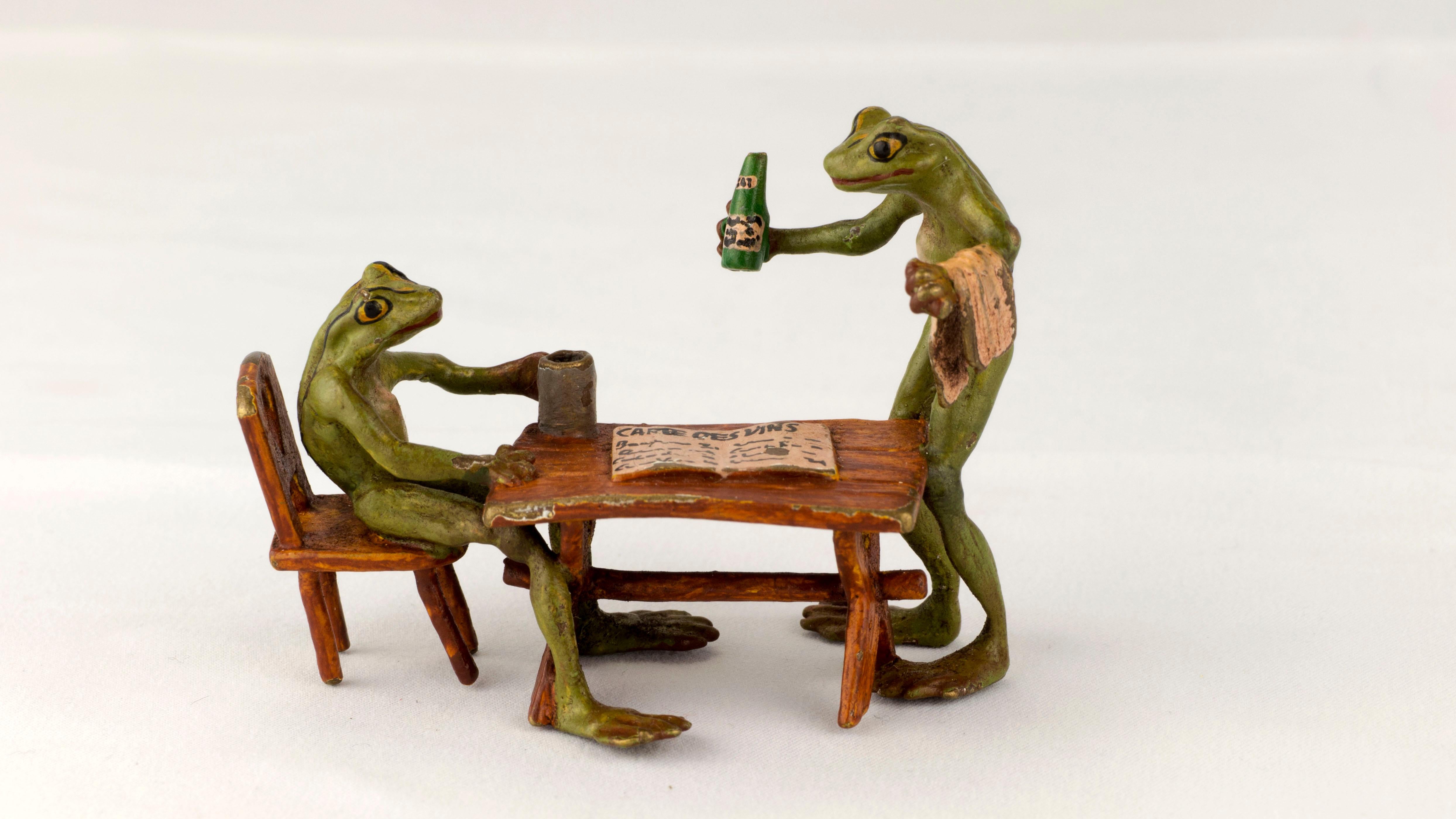 Introducing a delightful antique piece, the Gorgeous Vienna Bronze Figurine Group crafted by the famous Bergman(n) manufactory during the late 19th century, circa 1890-1900.

This charming bronze figurine group depicts a frog sitting on a chair at