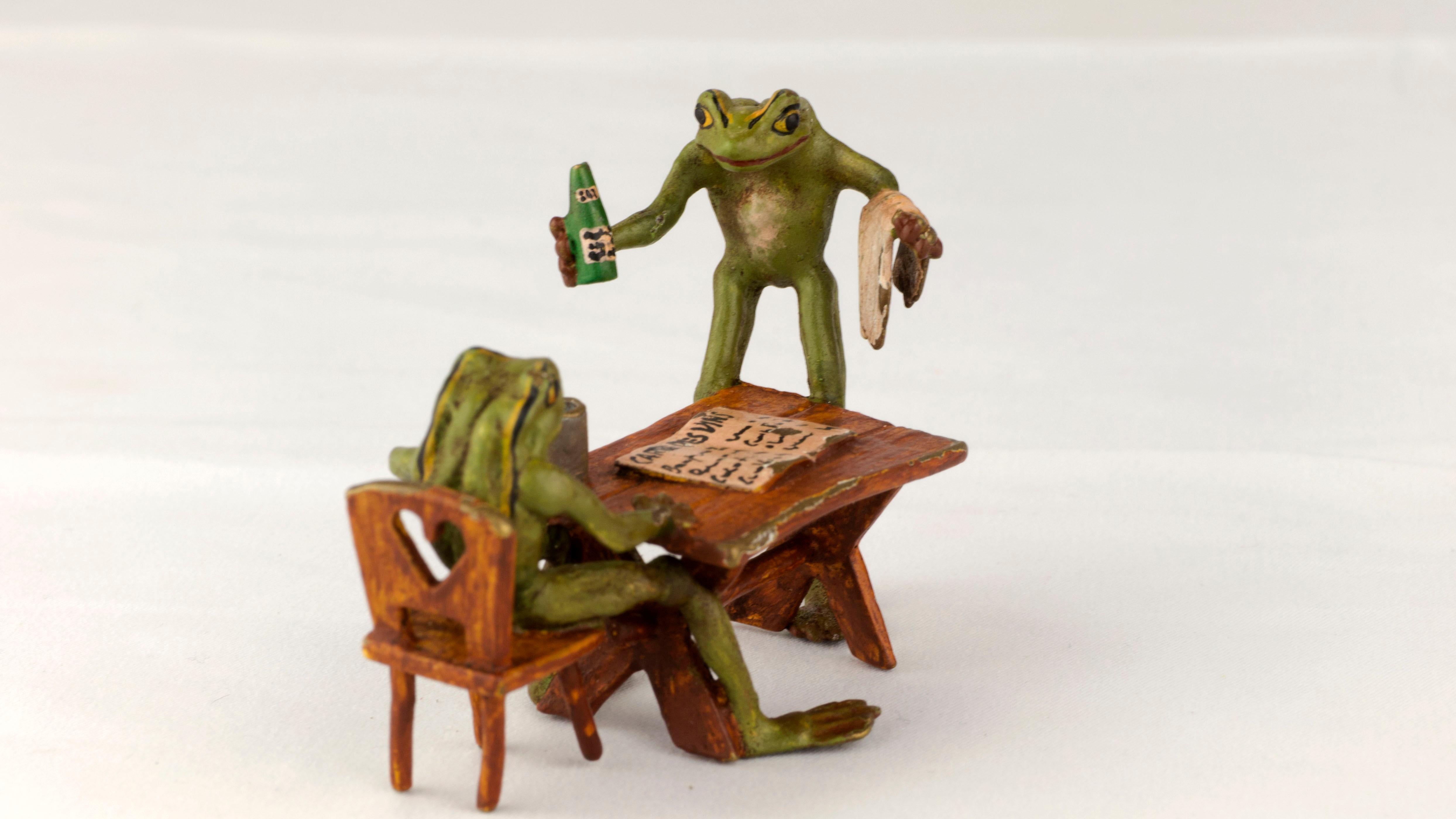 Vienna Secession Vienna Cold Painted Bronze by Franz Xaver Bergmann Frog Ordering Wine circa 1890