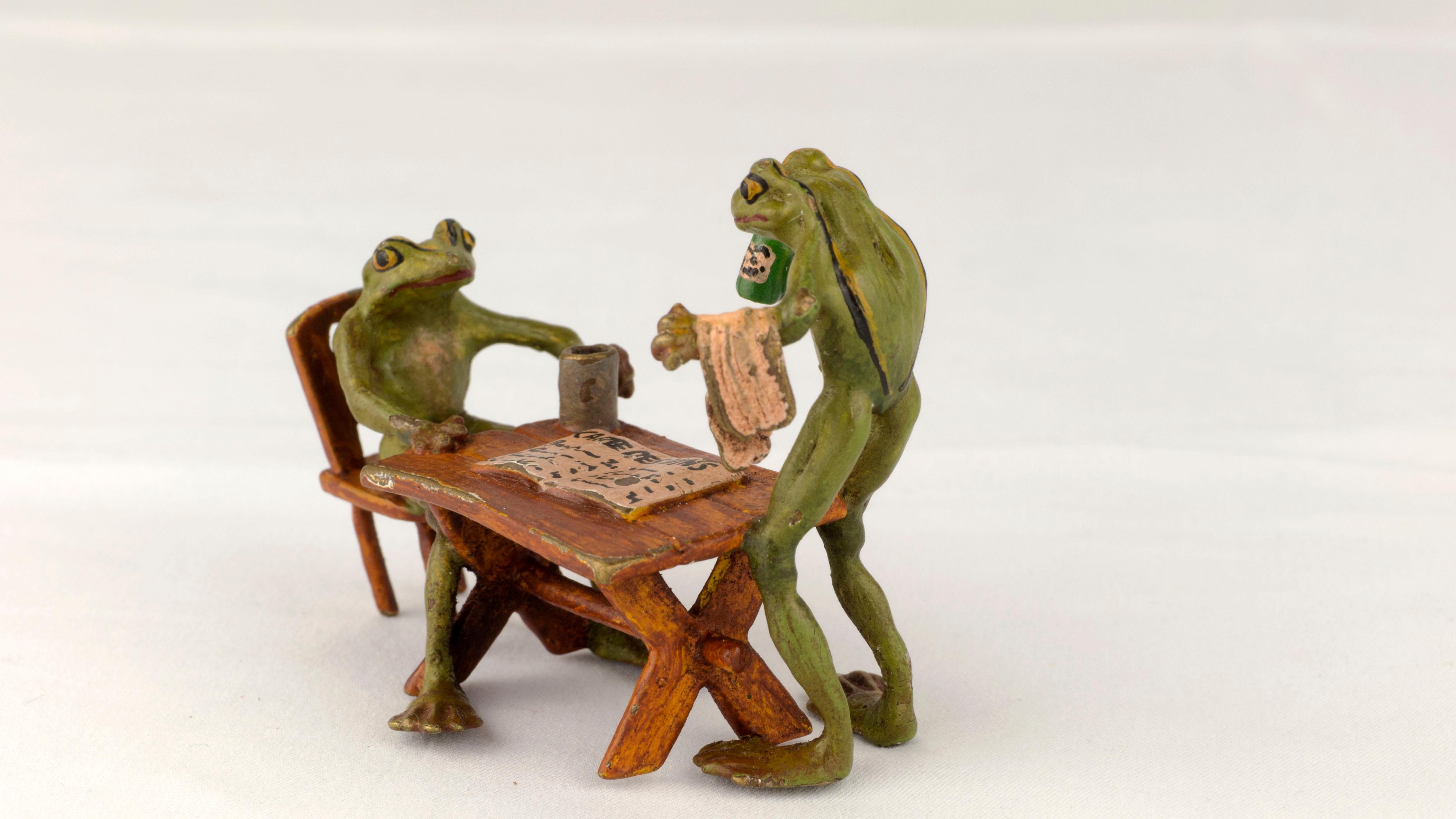 Austrian Vienna Cold Painted Bronze by Franz Xaver Bergmann Frog Ordering Wine circa 1890