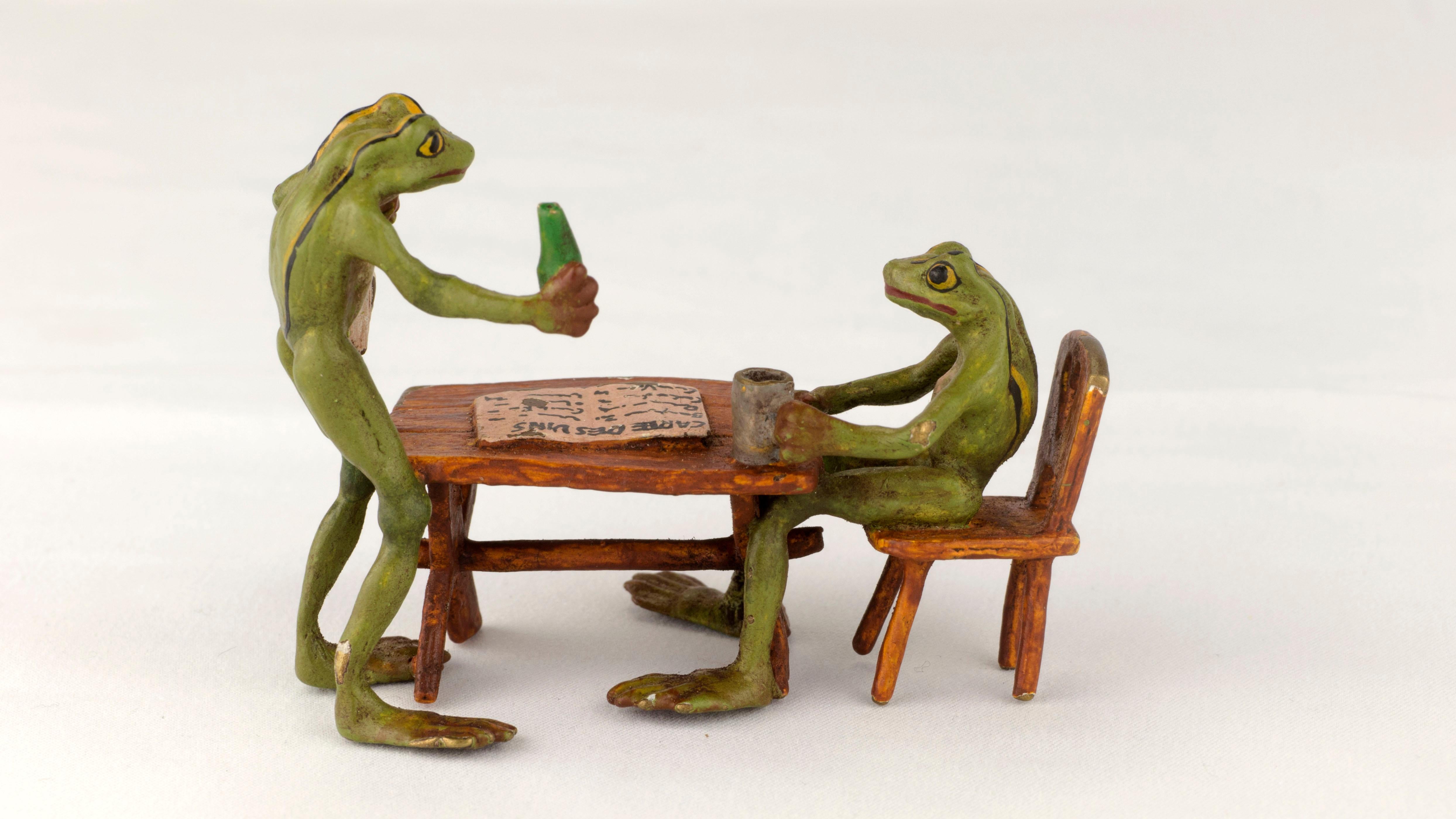 Cold-Painted Vienna Cold Painted Bronze by Franz Xaver Bergmann Frog Ordering Wine circa 1890