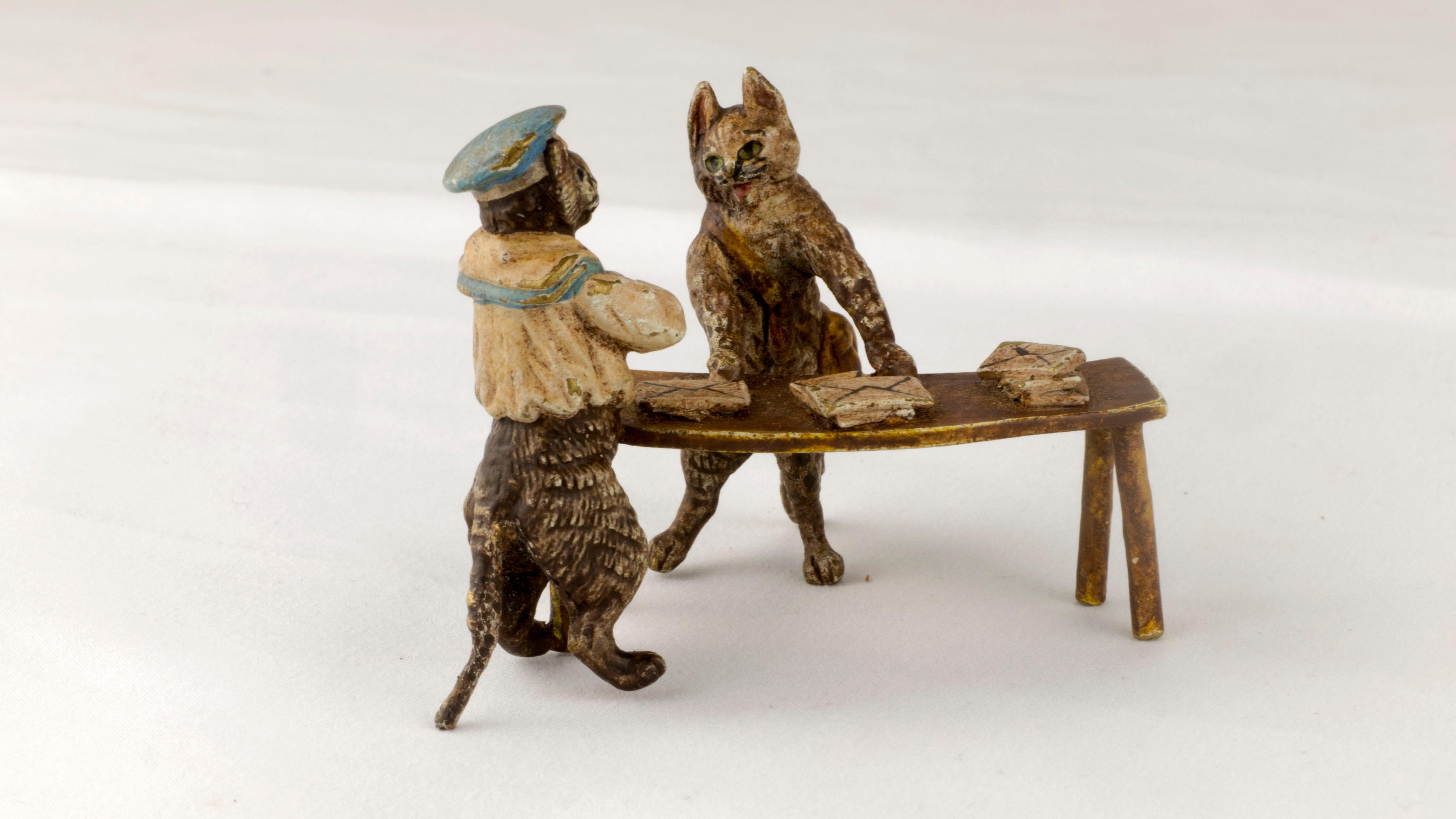 Cold-Painted Vienna Cold Painted Bronze by Franz Xaver Bergmann Postal Cat for Sailors, 1900s For Sale