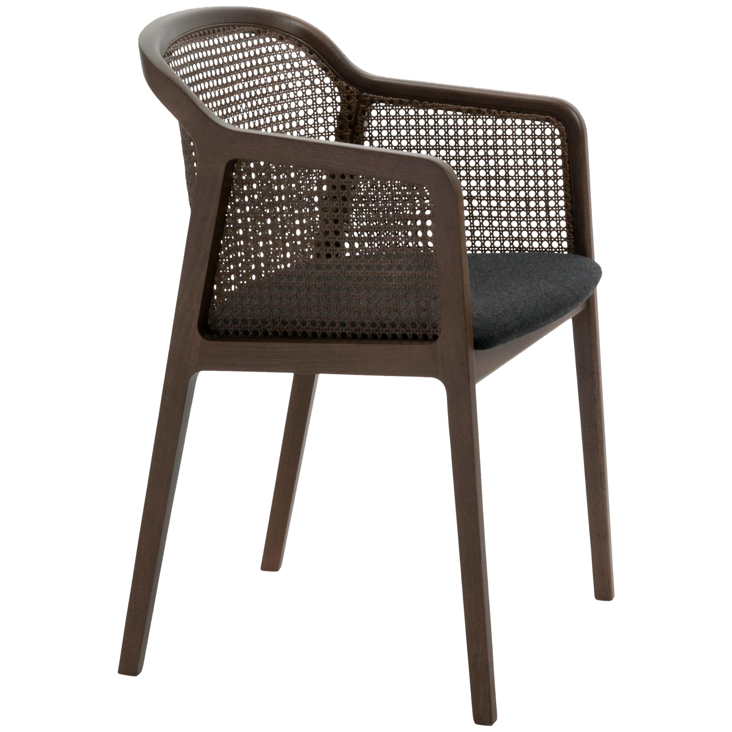 Vienna Armchair Contemporary Design in Walnut and Straw, Black Upholstered Seat For Sale