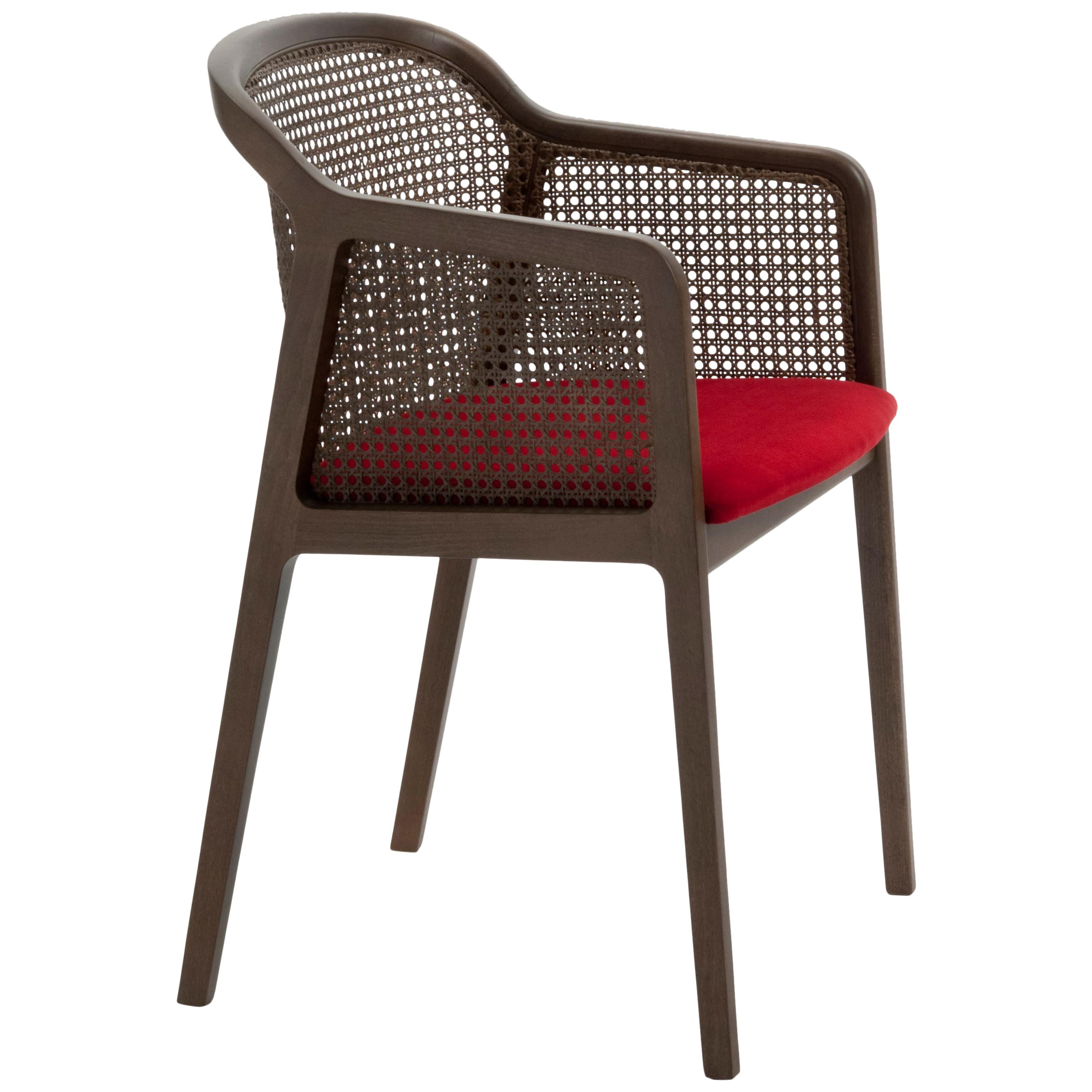Vienna, Contemporary Armchair by Colé, Walnut, Straw, Red Italian Velvet Seat For Sale