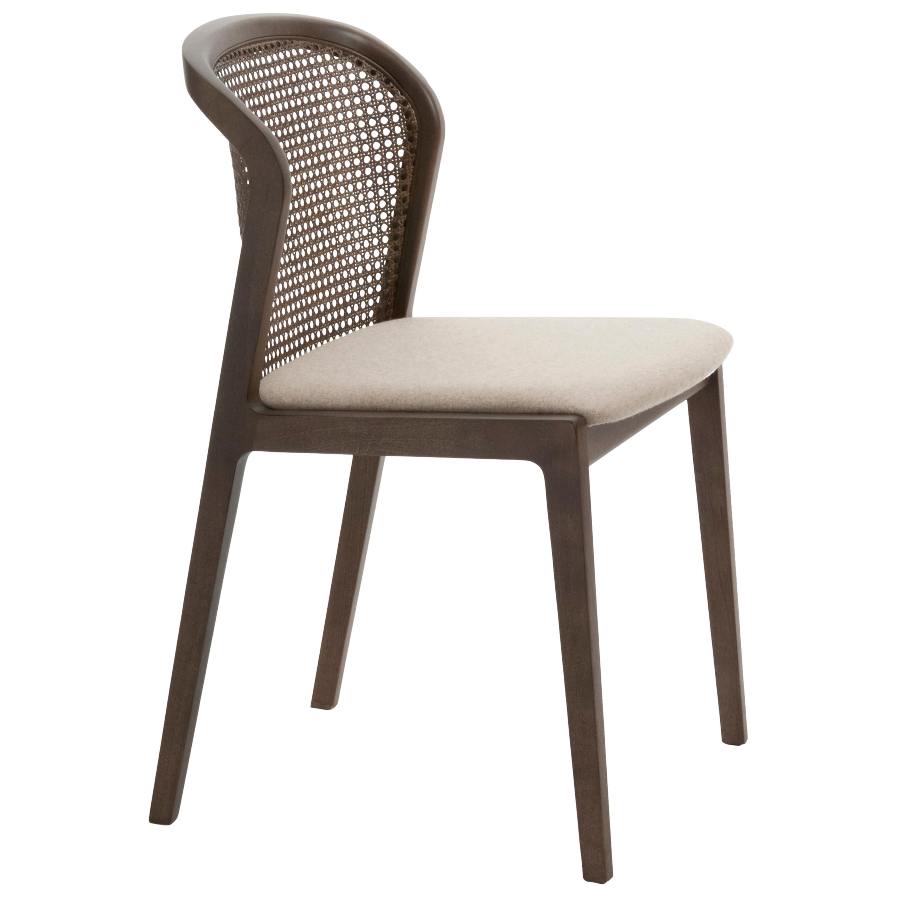 Vienna, Chair Contemporary Design in Walnut and Straw, Beige Upholstered Seat For Sale